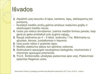 Išvados
2. Atpažinti uosį nesunku iš lajos, kamieno, lapų, sėklasparnių bei
   pumpurų.
– Nustatyti medžio amžių galima amžiaus matavimo grąžtu ir
   skaičiuojant medžio rieves.
4. Uosis yra reiklus dirvožemiui. Įvairios medžio formos parodo, kaip
   gerai jis geba prisitaikyti prie augimo sąlygų.
5. Naujai sodinama po 4 – 5 tūkst. sodinukų 1 ha. Mišrinama su
   ąžuolais, klevais, juodalksniais ir liepomis.
6. Uosį puola vėžys ir grybinės ligos.
7. Medžio stabilumui įtakos turi aplinkos veiksniai.
8. Sodinukams apsaugoti naudojamos biologinės, mechaninės ir
   cheminės apsaugos priemonės.
9. Yra E. Šimkūnaitės užrašytas padavimas apie uosį. Padavimais
   apipintas Raganos uosis.



 Nacionalinė mokinių ir pedagogų konferencija Mokyklinė aplinkotyra 2012, kovo 19-30 d., Lietuva
 