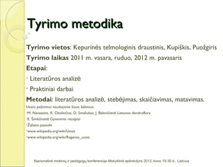 Tyrimo metodika
Tyrimo vietos: Kepurinės telmologinis draustinis, Kupiškis, Puožgiris
Tyrimo laikas 2011 m. vasara, ruduo, 2012 m. pavasaris
Etapai:
•   Literatūros analizė
•   Praktiniai darbai
Metodai: literatūros analizė, stebėjimas, skaičiavimas, matavimas.
Uosio pažinimui naudojome šiuos šaltinius:
M. Navasaitis, R. Ozolinčius, D. Smaliukas, J. Balevičienė Lietuvos dendroflora



E. Šimkūnaitė Gyvenimo receptai



Žaliasis pasaulis




www.wikipedia.org/wiki/Uosis



www.wikipedia.org/wiki/Raganos_uosis





     Nacionalinė mokinių ir pedagogų konferencija Mokyklinė aplinkotyra 2012, kovo 19-30 d., Lietuva
 