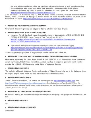 that have begun reconciliation efforts and encourages all state governments to work toward reconciling
their relationships with Indian tribes within their boundaries. States that nothing in this section
authorizes or supports any claim, or serves as a settlement of a claim, against the United States.
https://www.congress.gov/bill/111th-congress/house-bill/3326 .
; No in Canada - On Wednesday June 11, 2008, the Prime Minister of Canada, the Right Honourable Stephen
Harper, made a Statement of Apology to former students of Indian Residential Schools, on behalf of the
Government of Canada. https://www.aadnc-aandc.gc.ca/eng/1100100015644/1100100015649 .
 APOLOGIES, PREPARATION AND CHOREOGRAPHY
Government, Grassroots pressure and Indigenous Peoples effort for more than 20 years.
 APOLOGIES AND THE INVOLVEMENT OF VICTIMS
 Unknown. No role the church played domestically except by leave/authority of THE VATICAN/ THE
CATHOLIC CHURCH. . Motu Proprio of Pope Francis I July 11, 2013
https://w2.vatican.va/content/francesco/en/motu_proprio/documents/papa-francesco-motu-
proprio_20130711_organi-giudiziari.html
 Pope Francis Apologizes to Indigenous Peoples for ‘Grave Sins’ of Colonialism (2 pgs.)
https://newsmaven.io/indiancountrytoday/archive/pope-francis-apologizes-to-indigenous-peoples-for-
grave-sins-of-colonialism-tlGAXDXgwkCkvmn10DjT3Q/
Victims accepted apology actions of the government and the Church/THE VATICAN.
 APOLOGIES, LEADERSHIP AND THE MANAGEMENT OF ORGANISATION OR CONSTITUENCY
Government representing the United States, Canada & THE VATICAN et. Al. Press release. Public pressure to
accept( eg. Canada , United States, New Zeland, Australia Apology to Indigenous people the world over for
rejecting the UNDRIP – UN Declaration on the Rights of Indigenous Peoples.
 APOLOGIES AND AUDIENCE
The apologies addressed Indigenous Peoples and peoples of African Descent( who are in fact Indigenous being
the original peoples on the Planet, but have not asserted their Autochthonousness).
 APOLOGIES AND LEGITIMACY
Active Lien on the Whitehouse, The Vatican and the Pentagon see: http://naturalcredit.tripod.com and
http://kemit19.googlepages.com/knowledgetothevatican - knowledge given to Pope Benedict XVI on the
existence of Atlan, Amexem, Turtle Island , Land of the Frogs and the Non-Existence of the United States of
America, Canada and Mexico.
 APOLOGIES, RECONCILIATION AND FOLLOW-THROUGH
On the books publicly , but the actions have stayed the same prior to the apology. The apologies are in conflict with Civil
Law.
 APOLOGIES AND GENDER
No.
 APOLOGIES AND NON-RECURRENCE
Subtle effect.
 