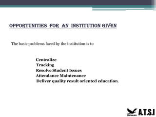 OPPORTUNITIES FOR AN INSTITUTION GIVEN
The basic problems faced by the institution is to
Centralize
Tracking
Resolve Student Issues
Attendance Maintenance
Deliver quality result oriented education.