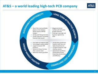 2
AT&S – a world leading high-tech PCB company
 Megatrend-driven
markets with attractive
growth potential
 Entering a new high-end
business segment by
2016
 Pure high-end segment play
 Technology & quality leader
 Largest European PCB
producer
 Partner of choice for blue
chip customer base
 Balanced industry portfolio
 Strong Asian production
footprint with focus on
high volume/low mix
 European footprint: high
mix/low volume
 Operational excellence:
Outstanding process
know-how, productivity
and efficiency
 One of the most profitable
players in the industry:
above industry EBITDA
margins
 Strong cash flow generation
 Proven long term successful
financial track record
 