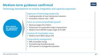 Investor and Analyst Presentation 33
Medium-term guidance confirmed
Expansion of technology leadership
 Leading provider of new interconnect solutions
 Innovation revenue rate: > 20%
Focus on continued profitable growth
 Revenue target of € 2 billion
 Prosecution of sustainable margin improvement
 Medium-term EBITDA margin target of 25-30%
Creation of shareholder value
 Medium-term ROCE above 12%
Sustainability management
 80% renewable energy
 Eco-balancing of product groups
 30 % women in management positions
First choice
for advanced
applications
Technology development to module integration and capacitiy expansion
 