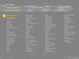 Our Clients 
MEDIA 
PROFESSIONAL SERVICES 
IT SERVICES 
TOURISM & HOSPITALITY 
MARKETING & ADVERTISING 
INTERNET & E-COMMERCE 
MANUFACTURING & UTILITIES 
FINANCE & INSURANCE 
TELCO 
EDUCATION 
PUBLIC SECTOR 
HEALTHCARE, PHARMA & BIOTECH 
MISCELLANEOUS 
RETAIL & CONSUMER GOODS 
PUBLISHING 
Finance & Insurance 
Aegon España 
AlfaBank * 
AllFundsBank 
Allianz Seguros 
American Life Company – AIG Life 
AndBank 
Aon Gil y Carvajal 
Aresa Seguros de Salud 
Autoclub Mutua Madrileña 
Aviva 
Banco de España 
Banco de Santander 
Banco del Emigrante * 
Banco Popular * 
Banesto 
Bankia 
Bankinter 
Barclays * 
BBVA 
BBVA Bancomer 
BBVA Portugal 
BME – Bolsas y Mercados Españoles 
BNP Paribas 
Caixa Andorrana de la Seguretat Social 
Caixa d’Enginyers 
Caixa Laietana * 
CaixaNova * 
Caja Madrid 
Cajamar 
CajaSol 
Caser Seguros 
Caser Gestión Técnica 
CECA 
Centro RACE Asistencia 
Comercia Global Payments (Grupo La Caixa) 
Consorcio de Compensación de Seguros 
Credit Andorrà * 
Credit Suisse 
Deutsche Bank 
FIATC 
Franquicias Plus 
Generali Seguros 
GES Seguros 
Génesis Seguros 
Groupama Seguros 
Grupo Catalana Occidente 
Grupo Empresarial RACE 
Grupo MAPFRE 
Ibermutuamut 
ING Direct 
Infobolsa * 
Instituto de Crédito Oficial 
ISBAN 
La Caixa * 
La Previsión Mallorquina de Seguros 
Liberty Seguros 
Línea Directa Aseguradora 
Línea Directa Asistencia 
Mora Bank 
Mutua General de Seguros 
Mutua Madrileña 
Mutua Madrileña Globalis 
Mutua Madrileña Hogares 
Mutuactivos 
Mutuauniversal 
Ocaso Seguros 
Pelayo Mutua de Seguros 
Privat Bank 
Produban 
Rural Servicios Informáticos * 
Santander Back Offices Globales 
Seguros Santa Lucía 
Seguros El Corte Inglés Vida 
Servicios Médicos Auxiliares 
Sermepa * 
TasaMadrid * 
Unión de Automóviles Club 
Verti Seguros 
Visual Trader Systems 
* Not as a main contractor  