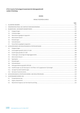 100 Jahresabschluss zum 31. März 2017
ANHANG
I N H A L T S V E R Z E I C H N I S
Seite
1. ALLGEMEINE ANGABEN.............................................................................................................................................................................................101
2. KONZERNVERHÄLTNISSE UND UMSTRUKTURIERUNGSVORGÄNGE .......................................................................................................................102
3. BILANZIERUNGS- UND BEWERTUNGSMETHODEN ..................................................................................................................................................103
3.1. Anlagevermögen............................................................................................................................................................................................103
3.2. Umlaufvermögen...........................................................................................................................................................................................103
3.3. Aktive Rechnungsabgrenzungsposten..........................................................................................................................................................103
3.4. Aktive latente Steuern...................................................................................................................................................................................104
3.5. Rückstellungen...............................................................................................................................................................................................104
3.6. Verbindlichkeiten...........................................................................................................................................................................................105
3.7. Passive Rechnungsabgrenzungsposten........................................................................................................................................................105
4. AUFGLIEDERUNGEN UND ERLÄUTERUNGEN ZU POSTEN DER BILANZ...................................................................................................................106
4.1. Anlagevermögen............................................................................................................................................................................................106
4.2. Zusatzangaben gemäß § 238 (1) Z 4 UGB ....................................................................................................................................................108
4.3. Ausleihungen gemäß § 227 UGB ..................................................................................................................................................................108
4.4. Forderungen und sonstige Vermögensgegenstände...................................................................................................................................108
4.5. Aktive latente Steuern...................................................................................................................................................................................109
4.6. Eigenkapital....................................................................................................................................................................................................110
4.7. Rückstellungen...............................................................................................................................................................................................112
4.8. Verbindlichkeiten...........................................................................................................................................................................................117
4.9. Haftungsverhältnisse gemäß § 199 UGB......................................................................................................................................................118
4.10. Verpflichtungen aus der Nutzung von in der Bilanz nicht ausgewiesenen Sachanlagen ..........................................................................118
4.11. Sonstige finanzielle Verpflichtungen ............................................................................................................................................................118
4.12. Derivative Finanzinstrumente.......................................................................................................................................................................119
5. AUFGLIEDERUNGEN ZU POSTEN DER GEWINN- UND VERLUSTRECHNUNG..........................................................................................................120
6. ZUSATZANGABEN GEMÄSS UGB ...............................................................................................................................................................................122
6.1. Gruppenbesteuerung....................................................................................................................................................................................122
6.2. Organe, Arbeitnehmer ..................................................................................................................................................................................123
6.3. Wesentliche Ereignisse nach dem Abschlussstichtag..................................................................................................................................125
AT & S Austria Technologie & Systemtechnik Aktiengesellschaft
Leoben-Hinterberg
 