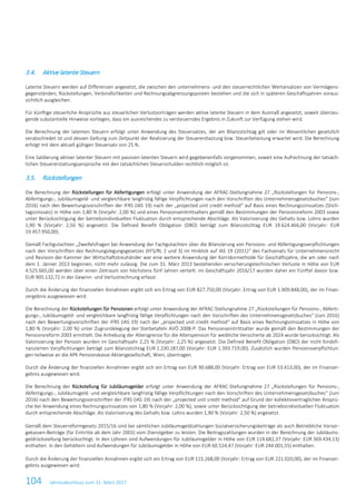 104 Jahresabschluss zum 31. März 2017
3.4. Aktive latente Steuern
Latente Steuern werden auf Differenzen angesetzt, die zwischen den unternehmens- und den steuerrechtlichen Wertansätzen von Vermögens-
gegenständen, Rückstellungen, Verbindlichkeiten und Rechnungsabgrenzungsposten bestehen und die sich in späteren Geschäftsjahren voraus-
sichtlich ausgleichen.
Für künftige steuerliche Ansprüche aus steuerlichen Verlustvorträgen werden aktive latente Steuern in dem Ausmaß angesetzt, soweit überzeu-
gende substantielle Hinweise vorliegen, dass ein ausreichendes zu versteuerndes Ergebnis in Zukunft zur Verfügung stehen wird.
Die Berechnung der latenten Steuern erfolgt unter Anwendung des Steuersatzes, der am Bilanzstichtag gilt oder im Wesentlichen gesetzlich
verabschiedet ist und dessen Geltung zum Zeitpunkt der Realisierung der Steuerentlastung bzw. Steuerbelastung erwartet wird. Die Berechnung
erfolgt mit dem aktuell gültigen Steuersatz von 25 %.
Eine Saldierung aktiver latenter Steuern mit passiven latenten Steuern wird gegebenenfalls vorgenommen, soweit eine Aufrechnung der tatsäch-
lichen Steuererstattungsansprüche mit den tatsächlichen Steuerschulden rechtlich möglich ist.
3.5. Rückstellungen
Die Berechnung der Rückstellungen für Abfertigungen erfolgt unter Anwendung der AFRAC-Stellungnahme 27 „Rückstellungen für Pensions-,
Abfertigungs-, Jubiläumsgeld- und vergleichbare langfristig fällige Verpflichtungen nach den Vorschriften des Unternehmensgesetzbuches“ (Juni
2016) nach den Bewertungsvorschriften der IFRS (IAS 19) nach der „projected unit credit method“ auf Basis eines Rechnungszinssatzes (Stich-
tagszinssatz) in Höhe von 1,80 % (Vorjahr: 2,00 %) und eines Pensionseintrittsalters gemäß den Bestimmungen der Pensionsreform 2003 sowie
unter Berücksichtigung der betriebsindividuellen Fluktuation durch entsprechende Abschläge. Als Valorisierung des Gehalts bzw. Lohns wurden
1,90 % (Vorjahr: 2,50 %) angesetzt. Die Defined Benefit Obligation (DBO) beträgt zum Bilanzstichtag EUR 19.624.466,00 (Vorjahr: EUR
19.457.950,00).
Gemäß Fachgutachten „Zweifelsfragen bei Anwendung der Fachgutachten über die Bilanzierung von Pensions- und Abfertigungsverpflichtungen
nach den Vorschriften des Rechnungslegungsgesetzes (KFS/RL 2 und 3) im Hinblick auf IAS 19 (2011)“ des Fachsenats für Unternehmensrecht
und Revision der Kammer der Wirtschaftstreuhänder war eine weitere Anwendung der Korridormethode für Geschäftsjahre, die am oder nach
dem 1. Jänner 2013 beginnen, nicht mehr zulässig. Die zum 31. März 2013 bestehenden versicherungstechnischen Verluste in Höhe von EUR
4.525.665,00 werden über einen Zeitraum von höchstens fünf Jahren verteilt. Im Geschäftsjahr 2016/17 wurden daher ein Fünftel davon bzw.
EUR 905.132,72 in der Gewinn- und Verlustrechnung erfasst.
Durch die Änderung der finanziellen Annahmen ergibt sich ein Ertrag von EUR 827.750,00 (Vorjahr: Ertrag von EUR 1.909.848,00), der im Finan-
zergebnis ausgewiesen wird.
Die Berechnung der Rückstellungen für Pensionen erfolgt unter Anwendung der AFRAC-Stellungnahme 27 „Rückstellungen für Pensions-, Abferti-
gungs-, Jubiläumsgeld- und vergleichbare langfristig fällige Verpflichtungen nach den Vorschriften des Unternehmensgesetzbuches“ (Juni 2016)
nach den Bewertungsvorschriften der IFRS (IAS 19) nach der „projected unit credit method“ auf Basis eines Rechnungszinssatzes in Höhe von
1,80 % (Vorjahr: 2,00 %) unter Zugrundelegung der Sterbetafeln AVÖ 2008-P. Das Pensionseintrittsalter wurde gemäß den Bestimmungen der
Pensionsreform 2003 ermittelt. Die Anhebung der Altersgrenze für die Alterspension für weibliche Versicherte ab 2024 wurde berücksichtigt. Als
Valorisierung der Pension wurden im Geschäftsjahr 2,25 % (Vorjahr: 2,25 %) angesetzt. Die Defined Benefit Obligation (DBO) der nicht fondsfi-
nanzierten Verpflichtungen beträgt zum Bilanzstichtag EUR 1.230.187,00 (Vorjahr: EUR 1.393.719,00). Zusätzlich wurden Pensionsverpflichtun-
gen teilweise an die APK Pensionskasse Aktiengesellschaft, Wien, übertragen.
Durch die Änderung der finanziellen Annahmen ergibt sich ein Ertrag von EUR 90.688,00 (Vorjahr: Ertrag von EUR 53.413,00), der im Finanzer-
gebnis ausgewiesen wird.
Die Berechnung der Rückstellung für Jubiläumsgelder erfolgt unter Anwendung der AFRAC-Stellungnahme 27 „Rückstellungen für Pensions-,
Abfertigungs-, Jubiläumsgeld- und vergleichbare langfristig fällige Verpflichtungen nach den Vorschriften des Unternehmensgesetzbuches“ (Juni
2016) nach den Bewertungsvorschriften der IFRS (IAS 19) nach der „projected unit credit method“ auf Grund der kollektivvertraglichen Ansprü-
che bei Anwendung eines Rechnungszinssatzes von 1,80 % (Vorjahr: 2,00 %), sowie unter Berücksichtigung der betriebsindividuellen Fluktuation
durch entsprechende Abschläge. Als Valorisierung des Gehalts bzw. Lohns wurden 1,90 % (Vorjahr: 2,50 %) angesetzt.
Gemäß dem Steuerreformgesetz 2015/16 sind bei sämtlichen Jubiläumsgeldzahlungen Sozialversicherungsbeiträge als auch Betriebliche Vorsor-
gekassen-Beiträge (für Eintritte ab dem Jahr 2003) vom Dienstgeber zu leisten. Die Beitragszahlungen wurden in der Berechnung der Jubiläums-
geldrückstellung berücksichtigt. In den Löhnen sind Aufwendungen für Jubiläumsgelder in Höhe von EUR 114.682,37 (Vorjahr: EUR 369.434,13)
enthalten. In den Gehältern sind Aufwendungen für Jubiläumsgelder in Höhe von EUR 60.524,47 (Vorjahr: EUR 244.001,55) enthalten.
Durch die Änderung der finanziellen Annahmen ergibt sich ein Ertrag von EUR 115.268,00 (Vorjahr: Ertrag von EUR 221.020,00), der im Finanzer-
gebnis ausgewiesen wird.
 