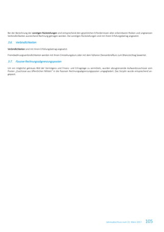 Jahresabschluss zum 31. März 2017 105
Bei der Berechnung der sonstigen Rückstellungen sind entsprechend den gesetzlichen Erfordernissen allen erkennbaren Risiken und ungewissen
Verbindlichkeiten ausreichend Rechnung getragen worden. Die sonstigen Rückstellungen sind mit ihrem Erfüllungsbetrag angesetzt.
3.6. Verbindlichkeiten
Verbindlichkeiten sind mit ihrem Erfüllungsbetrag angesetzt.
Fremdwährungsverbindlichkeiten werden mit ihrem Entstehungskurs oder mit dem höheren Devisenbriefkurs zum Bilanzstichtag bewertet.
3.7. Passive Rechnungsabgrenzungsposten
Um ein möglichst getreues Bild der Vermögens und Finanz- und Ertragslage zu vermitteln, wurden abzugrenzende Aufwandszuschüsse vom
Posten „Zuschüsse aus öffentlichen Mitteln“ in die Passiven Rechnungsabgrenzungsposten umgegliedert. Das Vorjahr wurde entsprechend an-
gepasst.
 