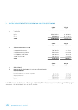 120 Jahresabschluss zum 31. März 2017
5. AUFGLIEDERUNGEN ZU POSTEN DER GEWINN- UND VERLUSTRECHNUNG
2016/17
EUR
2015/16
EUR
1. Umsatzerlöse
Ausland 344.501.944,51 332.580.944,87
Inland 26.376.898,94 22.332.782,75
Summe 370.878.843,45 354.913.727,62
2016/17
EUR
2015/16
EUR
2. Übrige sonstige betriebliche Erträge
Erträge aus Kursdifferenzen 3.891.616,06 2.537.106,91
Erträge aus steuerfreien Prämien 2.182.598,60 1.495.643,08
Energieabgabenrückvergütung 1.237.233,54 781.937,00
sonstige übrige Erträge 3.074.857,70 2.178.914,28
Summe 10.386.305,90 6.993.601,27
2016/17
EUR
2015/16
EUR
3. Personalaufwand
a) Aufwendungen für Abfertigungen und Leistungen an betriebliche Mitar-
beitervorsorgekassen
Vorstandsmitglieder und leitende Angestellte 251.311,95 233.761,10
übrige Arbeitnehmer 2.036.721,07 2.128.432,85
Summe 2.288.033,02 2.362.193,95
In den Aufwendungen für Abfertigungen und Leistungen an betriebliche Mitarbeitervorsorgekassen sind Aufwendungen für Abfertigungen in
Höhe von EUR 1.921.229,09 (Vorjahr: EUR 2.027.002,04) enthalten.
 
