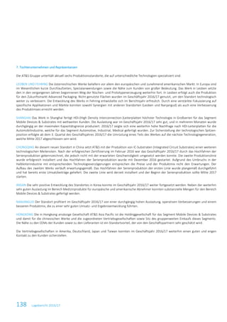 138 Lagebericht 2016/17
7. Tochterunternehmen und Repräsentanzen
Die AT&S Gruppe unterhält aktuell sechs Produktionsstandorte, die auf unterschiedliche Technologien spezialisiert sind.
LEOBEN UND FEHRING Die österreichischen Werke beliefern vor allem den europäischen und zunehmend amerikanischen Markt. In Europa sind
im Wesentlichen kurze Durchlaufzeiten, Spezialanwendungen sowie die Nähe zum Kunden von großer Bedeutung. Das Werk in Leoben setzte
den in den vergangenen Jahren begonnenen Weg der Nischen- und Prototypenerzeugung weiterhin fort. In Leoben erfolgt auch die Produktion
für den Zukunftsmarkt Advanced Packaging. Nicht genutzte Flächen wurden im Geschäftsjahr 2016/17 genutzt, um den Standort technologisch
weiter zu verbessern. Die Entwicklung des Werks in Fehring entwickelte sich im Berichtsjahr erfreulich. Durch eine verstärkte Fokussierung auf
spezifische Applikationen und Märkte konnten sowohl Synergien mit anderen Standorten (Leoben und Nanjangud) als auch eine Verbesserung
des Produktmixes erreicht werden.
SHANGHAI Das Werk in Shanghai fertigt HDI-(High Density Interconnection-)Leiterplatten höchster Technologie in Großserien für das Segment
Mobile Devices & Substrates mit weltweiten Kunden. Die Auslastung war im Geschäftsjahr 2016/17 sehr gut, und in mehreren Monaten wurde
durchgängig an der maximalen Kapazitätsgrenze produziert. 2016/17 zeigte sich eine weiterhin hohe Nachfrage nach HDI-Leiterplatten für die
Automobilindustrie, welche für das Segment Automotive, Industrial, Medical gefertigt wurden. Zur Sicherstellung der technologischen Spitzen-
position erfolgte ab dem 3. Quartal des Geschäftsjahres 2016/17 die Umrüstung eines Teils des Werkes auf die nächste Technologiegeneration,
welche Mitte 2017 abgeschlossen sein wird.
CHONGQING An diesem neuen Standort in China setzt AT&S mit der Produktion von IC-Substraten (Integrated Circuit Substrates) einen weiteren
technologischen Meilenstein. Nach der erfolgreichen Zertifizierung im Februar 2016 war das Geschäftsjahr 2016/17 durch das Hochfahren der
Serienproduktion gekennzeichnet, die jedoch nicht mit der erwarteten Geschwindigkeit umgesetzt werden konnte. Die zweite Produktionslinie
wurde erfolgreich installiert und das Hochfahren der Serienproduktion wurde mit Dezember 2016 gestartet. Aufgrund des Umbruchs in der
Halbleiterindustrie mit entsprechenden Technologieverzögerungen entsprechen die Preise und der Produktmix nicht den Erwartungen. Der
Aufbau des zweiten Werks verläuft erwartungsgemäß. Das Hochfahren der Serienproduktion der ersten Linie wurde plangemäß durchgeführt
und hat bereits erste Umsatzbeiträge geliefert. Die zweite Linie wird derzeit installiert und der Beginn der Serienproduktion sollte Mitte 2017
starten.
ANSAN Die sehr positive Entwicklung des Standortes in Korea konnte im Geschäftsjahr 2016/17 weiter fortgesetzt werden. Neben der weiterhin
sehr guten Auslastung im Bereich Medizinprodukte für europäische und amerikanische Abnehmer konnten substanzielle Mengen für den Bereich
Mobile Devices & Substrates gefertigt werden.
NANJANGUD Der Standort profitiert im Geschäftsjahr 2016/17 von einer durchgängig hohen Auslastung, operativen Verbesserungen und einem
besseren Produktmix, die zu einer sehr guten Umsatz- und Ergebnisentwicklung führten.
HONGKONG Die in Hongkong ansässige Gesellschaft AT&S Asia Pacific ist die Holdinggesellschaft für das Segment Mobile Devices & Substrates
und damit für die chinesischen Werke und die zugeordneten Vertriebsgesellschaften sowie Sitz des gruppenweiten Einkaufs dieses Segments.
Die Nähe zu den CEMs der Kunden sowie zu den Lieferanten ist ein Standortvorteil, der von den Geschäftspartnern sehr geschätzt wird.
Die Vertriebsgesellschaften in Amerika, Deutschland, Japan und Taiwan konnten im Geschäftsjahr 2016/17 weiterhin einen guten und engen
Kontakt zu den Kunden sicherstellen.
 