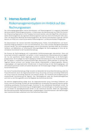 Konzernlagebericht 2016/17 89
Das rechnungslegungsbezogene Interne Kontrollsystem und Risikomanagement ist integrierter Bestandteil
des konzernweiten Risikomanagementsystems. In Anlehnung an das Rahmenkonzept von COSO (The Commit-
tee of Sponsoring Organizations of the Treadway Commission) werden unter dem Begriff des unternehmens-
weiten Risikomanagements das eigentliche Risikomanagement sowie das Interne Kontrollsystem (IKS) subsu-
miert. Die wesentlichen Merkmale des Risikomanagements, des Internen Kontrollsystems sowie der internen
Revision von AT&S sind in einem konzernweiten Risikomanagement- und Revisionshandbuch festgehalten.
Die Dokumentation der internen Kontrollen (Geschäftsprozesse, Risiken, Kontrollmaßnahmen und Verant-
wortliche) erfolgt grundsätzlich in Form von Kontrollmatrizen, die in einer zentralen Managementdatenbank
archiviert werden. Das rechnungslegungsbezogene Interne Kontrollsystem beinhaltet dabei die Grundsätze,
Verfahren und Maßnahmen zur Sicherung der Ordnungsmäßigkeit der Rechnungslegung im Sinne der be-
schriebenen Kontrollziele für die Finanzberichterstattung.
Die Prozesse der Rechnungslegung sind in gesonderten Verfahrensanweisungen dokumentiert. Diese sind
konzernweit einheitlich ausgestaltet und werden in einem standardisierten Dokumentationsformat abgebil-
det. Aus den spezifischen lokalen Regelungen resultieren zusätzlich Anforderungen an die Rechnungsle-
gungsprozesse. Die Grundlagen der Rechnungslegung und Berichterstattung sind in den Prozessbeschreibun-
gen und weiters in ausführlichen Verfahrensanweisungen dokumentiert, welche ebenfalls im zentralen Ma-
nagement Manual archiviert sind. Darüber hinaus werden Arbeitsbehelfe zu Bewertungsläufen, Bilanzie-
rungsvorgängen und organisatorischen Erfordernissen im Zusammenhang mit den Rechnungslegungs- und
Jahresabschlussprozessen erstellt und laufend aktualisiert. Die Terminplanungen erfolgen im Einklang mit den
Konzernerfordernissen.
Die interne Finanzberichterstattung erfolgt monatlich als Bestandteil der Konzernberichterstattung, wobei die
Finanzinformationen durch die Organisationseinheit Group Accounting und Group Controlling (Teilbereiche
von Group Finance & Controlling) überprüft und analysiert werden. Die monatliche Soll-Ist-Abweichung mit
entsprechender Kommentierung der Segment- bzw. Werksergebnisse sowie des Gesellschaftsergebnisses
wird intern an die Führungskräfte und an die Mitglieder des Aufsichtsrats berichtet.
Die jährliche Budgeterstellung erfolgt durch die Organisationseinheit Group Controlling (Teilbereich von
Group Finance & Controlling). Auf Basis der Quartalsergebnisse und aktuellen Planungsinformationen werden
unterjährig quartalsweise Vorschaurechnungen (Forecasts) für das verbleibende Geschäftsjahr erstellt. Die
Vorschaurechnungen mit Kommentierung zum Budgetvergleich und Darstellungen zur Auswirkung von Chan-
cen und Risiken bis Geschäftsjahresende werden an den Aufsichtsrat berichtet. Neben der regelmäßigen
Berichterstattung werden Mehrjahresplanungen, projektbezogene Finanzinformationen oder Berechnungen
über Investitionsvorhaben aufbereitet und an den Aufsichtsrat übermittelt.
InternesKontroll-und7.
RisikomanagementsystemimHinblickaufdas
Rechnungswesen
 