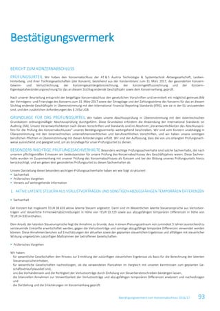 Bestätigungsvermerk zum Konzernabschluss 2016/17 93
BERICHT ZUM KONZERNABSCHLUSS
PRÜFUNGSURTEIL Wir haben den Konzernabschluss der AT & S Austria Technologie & Systemtechnik Aktiengesellschaft, Leoben-
Hinterberg, und ihrer Tochtergesellschaften (der Konzern), bestehend aus der Konzernbilanz zum 31. März 2017, der gesonderten Konzern-
Gewinn- und Verlustrechnung, der Konzerngesamtergebnisrechnung, der Konzerngeldflussrechnung und der Konzern–
Eigenkapitalveränderungsrechnung für das an diesem Stichtag endende Geschäftsjahr sowie dem Konzernanhang, geprüft.
Nach unserer Beurteilung entspricht der beigefügte Konzernabschluss den gesetzlichen Vorschriften und vermittelt ein möglichst getreues Bild
der Vermögens- und Finanzlage des Konzerns zum 31. März 2017 sowie der Ertragslage und der Zahlungsströme des Konzerns für das an diesem
Stichtag endende Geschäftsjahr in Übereinstimmung mit den International Financial Reporting Standards (IFRS), wie sie in der EU anzuwenden
sind, und den zusätzlichen Anforderungen des § 245a UGB.
GRUNDLAGE FÜR DAS PRÜFUNGSURTEIL Wir haben unsere Abschlussprüfung in Übereinstimmung mit den österreichischen
Grundsätzen ordnungsmäßiger Abschlussprüfung durchgeführt. Diese Grundsätze erfordern die Anwendung der International Standards on
Auditing (ISA). Unsere Verantwortlichkeiten nach diesen Vorschriften und Standards sind im Abschnitt „Verantwortlichkeiten des Abschlussprü-
fers für die Prüfung des Konzernabschlusses“ unseres Bestätigungsvermerks weitergehend beschrieben. Wir sind vom Konzern unabhängig in
Übereinstimmung mit den österreichischen unternehmensrechtlichen und berufsrechtlichen Vorschriften, und wir haben unsere sonstigen
beruflichen Pflichten in Übereinstimmung mit diesen Anforderungen erfüllt. Wir sind der Auffassung, dass die von uns erlangten Prüfungsnach-
weise ausreichend und geeignet sind, um als Grundlage für unser Prüfungsurteil zu dienen.
BESONDERS WICHTIGE PRÜFUNGSSACHVERHALTE Besonders wichtige Prüfungssachverhalte sind solche Sachverhalte, die nach
unserem pflichtgemäßen Ermessen am bedeutsamsten für unsere Prüfung des Konzernabschlusses des Geschäftsjahres waren. Diese Sachver-
halte wurden im Zusammenhang mit unserer Prüfung des Konzernabschlusses als Ganzem und bei der Bildung unseres Prüfungsurteils hierzu
berücksichtigt, und wir geben kein gesondertes Prüfungsurteil zu diesen Sachverhalten ab.
Unsere Darstellung dieser besonders wichtigen Prüfungssachverhalte haben wir wie folgt strukturiert:
 Sachverhalt
 Prüferisches Vorgehen
 Verweis auf weitergehende Information
1. AKTIVE LATENTE STEUERN AUS VERLUSTVORTRÄGEN UND SONSTIGEN ABZUGSFÄHIGEN TEMPORÄREN DIFFERENZEN
 Sachverhalt
Der Konzern hat insgesamt TEUR 38.659 aktive latente Steuern angesetzt. Darin sind im Wesentlichen latente Steueransprüche aus Verlustvor-
trägen und steuerliche Firmenwertabschreibungen in Höhe von TEUR 13.729 sowie aus abzugsfähigen temporären Differenzen in Höhe von
TEUR 24.930 enthalten.
Dem Ansatz der latenten Steueransprüche liegt die Annahme zu Grunde, dass in einem Planungszeitraum von zumindest 5 Jahren ausreichend zu
versteuernde Einkünfte erwirtschaftet werden, gegen die Verlustvorträge und sonstige abzugsfähige temporäre Differenzen verwendet werden
können. Diese Annahmen beruhen auf Einschätzungen der aktuellen sowie der geplanten steuerlichen Ergebnisse und allfälligen mit steuerlicher
Wirkung umgesetzten zukünftigen Maßnahmen der betroffenen Gesellschaften.
 Prüferisches Vorgehen
Wir haben:
- für wesentliche Gesellschaften den Prozess zur Ermittlung der zukünftigen steuerlichen Ergebnisse als Basis für die Berechnung der latenten
Steueransprüche erhoben,
- für wesentliche Gesellschaften nachvollzogen, ob die verwendeten Planzahlen im Vergleich mit unseren Kenntnissen zum geplanten Ge-
schäftsverlauf plausibel sind,
- uns das Vorhandensein und die Richtigkeit der Verlustvorträge durch Einholung von Steuerberaterschreiben bestätigen lassen,
- die bilanziellen Annahmen zur Verwertbarkeit der Verlustvorträge und abzugsfähigen temporären Differenzen analysiert und nachvollzogen
und
- die Darstellung und die Erläuterungen im Konzernanhang geprüft.
Bestätigungsvermerk
 