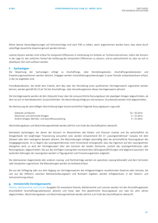 AT&S KONZERNABSCHLUSS ZUM 31. MÄRZ 2019 FIRST CHOICE
FOR ADVANCED APPLICATIONS
11
Aktive latente Steuerabgrenzungen auf Verlustvorträge sind nach IFRS zu bilden, wenn angenommen werden kann, dass diese durch
zukünftige steuerliche Gewinne genutzt werden können.
Latente Steuern werden nicht erfasst für temporäre Differenzen in Verbindung mit Anteilen an Tochterunternehmen, sofern der Konzern
in der Lage ist, den zeitlichen Verlauf der Auflösung der temporären Differenzen zu steuern; und es wahrscheinlich ist, dass sie sich in
absehbarer Zeit nicht auflösen werden.
f. Sachanlagen
Die Bewertung der Sachanlagen erfolgt zu Anschaffungs- oder Herstellungskosten. Anschaffungsnebenkosten und
Erweiterungsinvestitionen werden aktiviert, hingegen werden Instandhaltungsaufwendungen in jener Periode aufwandswirksam erfasst,
in der sie angefallen sind.
Fremdkapitalkosten, die direkt dem Erwerb, dem Bau oder der Herstellung eines qualifizierten Vermögenswerts zugeordnet werden
können, werden gemäß IAS 23 als Teil der Anschaffungs- oder Herstellungskosten dieses Vermögenswerts aktiviert.
Die Vermögenswerte werden ab dem Zeitpunkt linear über die voraussichtliche Nutzungsdauer der jeweiligen Anlagen abgeschrieben, ab
dem sie sich im betriebsbereiten Zustand befinden. Die Abschreibung erfolgt pro rata temporis. Grundstücke werden nicht abgeschrieben.
Der Bemessung der planmäßigen Abschreibung liegen konzerneinheitlich folgende Nutzungsdauern zugrunde:
Gebäude und Bauten 10 – 50 Jahre
Maschinen und technische Anlagen 4 – 15 Jahre
Andere Anlagen, Betriebs- und Geschäftsausstattung 3 – 15 Jahre
Abschreibungsdauer und Abschreibungsmethode werden jährlich zum Ende des Geschäftsjahres überprüft.
Gemietete Sachanlagen, bei denen der Konzern im Wesentlichen alle Risiken und Chancen innehat und die wirtschaftlich als
Anlagenkäufe mit langfristiger Finanzierung anzusehen sind, werden entsprechend IAS 17 „Leasingverhältnisse“ (Leases) mit dem
Zeitwert oder dem niedrigeren Barwert aktiviert. Die Abschreibungen erfolgen planmäßig über die wirtschaftliche Nutzungsdauer des
Anlagegegenstands. Ist zu Beginn des Leasingverhältnisses nicht hinreichend sichergestellt, dass das Eigentum auf den Leasingnehmer
übergehen wird, so wird der Vermögenswert über den kürzeren der beiden Zeiträume, Laufzeit des Leasingverhältnisses oder
Nutzungsdauer, abgeschrieben. Die aus den künftigen Leasingraten resultierenden Zahlungsverpflichtungen sind abgezinst passiviert. Die
laufenden Zahlungen der Leasingraten werden in Tilgungsanteil und Finanzierungskosten aufgeteilt.
Die überlassenen Gegenstände aller anderen Leasing- und Pachtverträge werden als operatives Leasing behandelt und dem Vermieter
oder Verpächter zugerechnet. Die Mietzahlungen werden als Aufwand erfasst.
Die aus der Stilllegung oder aus dem Abgang von Vermögenswerten des Anlagevermögens resultierenden Gewinne oder Verluste, die
sich aus der Differenz zwischen Nettoveräußerungswert und Buchwert ergeben, werden erfolgswirksam in der Gewinn- und
Verlustrechnung erfasst.
g. Immaterielle Vermögenswerte
Patente, Markenrechte und Lizenzen Ausgaben für erworbene Patente, Markenrechte und Lizenzen werden mit den Anschaffungskosten
einschließlich Anschaffungsnebenkosten aktiviert und linear über ihre gewöhnliche Nutzungsdauer von zwei bis zehn Jahren
abgeschrieben. Abschreibungsdauer und Abschreibungsmethode werden jährlich zum Ende des Geschäftsjahres überprüft.
 