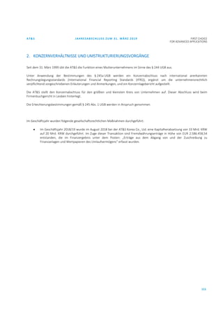 AT&S JAHRESABSCHLUSS ZUM 31. MÄRZ 2019 FIRST CHOICE
FOR ADVANCED APPLICATIONS
111
2. KONZERNVERHÄLTNISSE UND UMSTRUKTURIERUNGSVORGÄNGE
Seit dem 31. März 1999 übt die AT&S die Funktion eines Mutterunternehmens im Sinne des § 244 UGB aus.
Unter Anwendung der Bestimmungen des § 245a UGB werden ein Konzernabschluss nach international anerkannten
Rechnungslegungsstandards (International Financial Reporting Standards (IFRS)), ergänzt um die unternehmensrechtlich
verpflichtend vorgeschriebenen Erläuterungen und Anmerkungen, und ein Konzernlagebericht aufgestellt.
Die AT&S stellt den Konzernabschluss für den größten und kleinsten Kreis von Unternehmen auf. Dieser Abschluss wird beim
Firmenbuchgericht in Leoben hinterlegt.
Die Erleichterungsbestimmungen gemäß § 245 Abs. 1 UGB werden in Anspruch genommen.
Im Geschäftsjahr wurden folgende gesellschaftsrechtlichen Maßnahmen durchgeführt:
• Im Geschäftsjahr 2018/19 wurde im August 2018 bei der AT&S Korea Co., Ltd. eine Kapitalherabsetzung von 33 Mrd. KRW
auf 20 Mrd. KRW durchgeführt. Im Zuge dieser Transaktion sind Fremdwährungserträge in Höhe von EUR 2.586.458,54
entstanden, die im Finanzergebnis unter dem Posten: „Erträge aus dem Abgang von und der Zuschreibung zu
Finanzanlagen und Wertpapieren des Umlaufvermögens“ erfasst wurden.
 