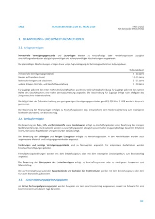 AT&S JAHRESABSCHLUSS ZUM 31. MÄRZ 2019 FIRST CHOICE
FOR ADVANCED APPLICATIONS
112
3. BILANZIERUNGS- UND BEWERTUNGSMETHODEN
3.1. Anlagevermögen
Immaterielle Vermögensgegenstände und Sachanlagen werden zu Anschaffungs- oder Herstellungskosten zuzüglich
Anschaffungsnebenkosten abzüglich planmäßiger und außerplanmäßiger Abschreibungen ausgewiesen.
Die planmäßigen Abschreibungen erfolgen linear unter Zugrundelegung der betriebsgewöhnlichen Nutzungsdauer.
Nutzungsdauer
immaterielle Vermögensgegenstände 4 - 10 Jahre
Bauten auf fremdem Grund 12 -25 Jahre
technische Anlagen und Maschinen 5 - 15 Jahre
andere Anlagen, Betriebs- und Geschäftsausstattung 3 - 10 Jahre
Für Zugänge während der ersten Hälfte des Geschäftsjahres wurde eine volle Jahresabschreibung, für Zugänge während der zweiten
Hälfte des Geschäftsjahres eine halbe Jahresabschreibung angesetzt. Die Abschreibung für Zugänge erfolgt nach Maßgabe des
Zeitpunktes ihrer Inbetriebnahme.
Die Möglichkeit der Sofortabschreibung von geringwertigen Vermögensgegenständen gemäß § 226 Abs. 3 UGB wurde in Anspruch
genommen.
Die Bewertung der Finanzanlagen erfolgte zu Anschaffungskosten bzw. entsprechend dem Niederstwertprinzip zum niedrigeren
Marktwert (Kurswert) zum Bilanzstichtag.
3.2. Umlaufvermögen
Die Bewertung der Roh-, Hilfs- und Betriebsstoffe sowie Handelswaren erfolgt zu Anschaffungskosten unter Beachtung des strengen
Niederstwertprinzips. Die Ersatzteile werden zu Anschaffungskosten abzüglich prozentueller Gruppenabschläge bewertet. Erhaltene
Skonti, Boni sowie Frachtkosten und Zölle wurden berücksichtigt.
Die Bewertung der unfertigen und fertigen Erzeugnisse erfolgte zu Herstellungskosten. In den Herstellkosten wurden auch
angemessene Material- und Fertigungsgemeinkosten angesetzt.
Forderungen und sonstige Vermögensgegenstände sind zu Nennwerten angesetzt. Für erkennbare Ausfallrisiken werden
Einzelwertberichtigungen gebildet.
Fremdwährungsforderungen werden mit dem Entstehungskurs oder mit dem niedrigeren Devisengeldkurs zum Bilanzstichtag
angesetzt.
Die Bewertung der Wertpapiere des Umlaufvermögens erfolgt zu Anschaffungskosten oder zu niedrigeren Kurswerten zum
Bilanzstichtag.
Die auf Fremdwährung lautenden Kassenbestände und Guthaben bei Kreditinstituten werden mit dem Entstehungskurs oder dem
Kurs zum Bilanzstichtag bilanziert.
3.3. Aktive Rechnungsabgrenzungsposten
Als Aktive Rechnungsabgrenzungsposten werden Ausgaben vor dem Abschlussstichtag ausgewiesen, soweit sie Aufwand für eine
bestimmte Zeit nach diesem Tage darstellen.
 