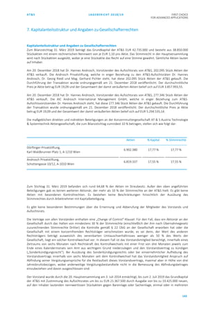 AT&S LAGEBERICHT 2018/19 FIRST CHOICE
FOR ADVANCED APPLICATIONS
143
7. Kapitalanteilsstruktur und Angaben zu Gesellschafterrechten
Kapitalanteilsstruktur und Angaben zu Gesellschafterrechten
Zum Bilanzstichtag 31. März 2019 beträgt das Grundkapital der AT&S EUR 42.735.000 und besteht aus 38.850.000
Stückaktien mit einem rechnerischen Nennwert von je EUR 1,10 pro Aktie. Das Stimmrecht in der Hauptversammlung
wird nach Stückaktien ausgeübt, wobei je eine Stückaktie das Recht auf eine Stimme gewährt. Sämtliche Aktien lauten
auf Inhaber.
Am 20. Dezember 2018 hat Dr. Hannes Androsch, Vorsitzender des Aufsichtsrats von AT&S, 202.095 Stück Aktien der
AT&S verkauft. Die Androsch Privatstiftung, welche in enger Beziehung zu den AT&S-Aufsichtsräten Dr. Hannes
Androsch, Dr. Georg Riedl und Mag. Gerhard Pichler steht, hat diese 202.095 Stück Aktien der AT&S gekauft. Die
Durchführung der Transaktion wurde ordnungsgemäß am 21. Dezember 2018 veröffentlicht. Der durchschnittliche
Preis je Aktie betrug EUR 19,09 und der Gesamtwert der damit veräußerten Aktien belief sich auf EUR 3.857.993,55.
Am 20. Dezember 2018 hat Dr. Hannes Androsch, Vorsitzender des Aufsichtsrats von AT&S, 277.346 Stück Aktien der
AT&S verkauft. Die AIC Androsch International Management GmbH, welche in enger Beziehung zum AT&S-
Aufsichtsvorsitzenden Dr. Hannes Androsch steht, hat diese 277.346 Stück Aktien der AT&S gekauft. Die Durchführung
der Transaktion wurde ordnungsgemäß am 21. Dezember 2018 veröffentlicht. Der durchschnittliche Preis je Aktie
betrug EUR 19,09 und der Gesamtwert der damit veräußerten Aktien belief sich auf EUR 5.294.535,14.
Die maßgeblichen direkten und indirekten Beteiligungen an der Konzernmuttergesellschaft AT & S Austria Technologie
& Systemtechnik Aktiengesellschaft, die zum Bilanzstichtag zumindest 10 % betragen, stellen sich wie folgt dar:
Zum Stichtag 31. März 2019 befanden sich rund 64,68 % der Aktien im Streubesitz. Außer den oben angeführten
Beteiligungen gab es keinen weiteren Aktionär, der mehr als 10 % der Stimmrechte an der AT&S hielt. Es gibt keine
Aktien mit besonderen Kontrollrechten. Es bestehen keine Beschränkungen hinsichtlich der Ausübung des
Stimmrechtes durch Arbeitnehmer mit Kapitalbeteiligung.
Es gibt keine besonderen Bestimmungen über die Ernennung und Abberufung der Mitglieder des Vorstands und
Aufsichtsrats.
Die Verträge von allen Vorständen enthalten eine „Change of Control“-Klausel: Für den Fall, dass ein Aktionär an der
Gesellschaft durch das Halten von mindestens 30 % der Stimmrechte (einschließlich der ihm nach Übernahmegesetz
zuzurechnenden Stimmrechte Dritter) die Kontrolle gemäß § 22 ÜbG an der Gesellschaft erworben hat oder die
Gesellschaft mit einem konzernfremden Rechtsträger verschmolzen wurde, es sei denn, der Wert des anderen
Rechtsträgers beträgt ausweislich des vereinbarten Umtauschverhältnisses weniger als 50 % des Werts der
Gesellschaft, liegt ein solcher Kontrollwechsel vor. In diesem Fall ist das Vorstandsmitglied berechtigt, innerhalb eines
Zeitraums von sechs Monaten nach Rechtskraft des Kontrollwechsels mit einer Frist von drei Monaten jeweils zum
Ende eines Kalendermonats sein Amt aus wichtigem Grund niederzulegen und den Vorstandsvertrag zu kündigen
(„Sonderkündigungsrecht“). Bei Ausübung des Sonderkündigungsrechts oder bei einvernehmlicher Aufhebung des
Vorstandsvertrags innerhalb von sechs Monaten seit dem Kontrollwechsel hat das Vorstandsmitglied Anspruch auf
Abfindung seiner Vergütungsansprüche für die Restlaufzeit dieses Vorstandsvertrags, maximal aber in Höhe von drei
Jahresbruttobezügen, wobei anderweitige Vergütungsbestandteile nicht in die Bemessung des Abfindungsbetrages
einzubeziehen und davon ausgeschlossen sind.
Der Vorstand wurde durch die 20. Hauptversammlung am 3. Juli 2014 ermächtigt, bis zum 2. Juli 2019 das Grundkapital
der AT&S mit Zustimmung des Aufsichtsrates um bis zu EUR 21.367.500 durch Ausgabe von bis zu 19.425.000 neuen,
auf den Inhaber lautenden nennwertlosen Stückaktien gegen Bareinlage oder Sacheinlage, einmal oder in mehreren
Aktien % Kapital % Stimmrechte
Dörflinger-Privatstiftung,
Karl-Waldbrunner-Platz 1, A-1210 Wien
6.902.380 17,77 % 17,77 %
Androsch Privatstiftung,
Schottengasse 10/12, A-1010 Wien
6.819.337 17,55 % 17,55 %
 