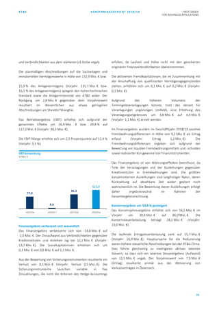 AT&S KONZERNLAGEBERICHT 2018/19 FIRST CHOICE
FOR ADVANCED APPLICATIONS
74
und Verbindlichkeiten aus dem stärkeren US-Dollar ergab.
Die planmäßigen Abschreibungen auf die Sachanlagen und
immateriellen Vermögenswerte in Höhe von 132,9 Mio. € bzw.
15,9 % des Anlagevermögens (Vorjahr: 135,7 Mio. € bzw.
16,1 % des Anlagevermögens) spiegeln den hohen technischen
Standard sowie die Anlagenintensität von AT&S wider. Der
Rückgang um 2,8 Mio. € gegenüber dem Vorjahreswert
resultiert im Wesentlichen aus etwas geringeren
Abschreibungen am Standort Shanghai.
Das Betriebsergebnis (EBIT) erhöhte sich aufgrund der
genannten Effekte um 26,9 Mio. € bzw. 29,8 % auf
117,2 Mio. € (Vorjahr: 90,3 Mio. €).
Die EBIT-Marge erhöhte sich um 2,3 Prozentpunkte auf 11,4 %
(Vorjahr: 9,1 %).
Finanzergebnis verbessert sich wesentlich
Das Finanzergebnis verbesserte sich von -14,8 Mio. € auf
-2,0 Mio. €. Der Zinsaufwand aus Verbindlichkeiten gegenüber
Kreditinstituten und Anleihen lag bei 12,2 Mio. € (Vorjahr:
13,7 Mio. €). Die Sozialkapitalzinsen erhöhten sich um
0,3 Mio. € von 0,8 Mio. € auf 1,1 Mio. €.
Aus der Bewertung von Sicherungsinstrumenten resultierte ein
Verlust von 0,1 Mio. € (Vorjahr: Verlust 0,5 Mio. €). Die
Sicherungsinstrumente tauschen variable in fixe
Zinszahlungen, die nicht die Kriterien des Hedge-Accountings
erfüllen, da Laufzeit und Höhe nicht mit den gesicherten
originären Finanzverbindlichkeiten übereinstimmen.
Die aktivierten Fremdkapitalzinsen, die im Zusammenhang mit
der Anschaffung von qualifizierten Vermögensgegenständen
stehen, erhöhten sich um 0,1 Mio. € auf 0,2 Mio. € (Vorjahr:
0,1 Mio. €).
Aufgrund des höheren Volumens der
Termingeldveranlagungen konnte, trotz des derzeit für
Veranlagungen ungünstigen Umfelds, eine Erhöhung des
Veranlagungsergebnisses um 3,8 Mio. € auf 4,9 Mio. €
(Vorjahr: 1,1 Mio. €) erzielt werden.
Im Finanzergebnis wurden im Geschäftsjahr 2018/19 positive
Fremdwährungsdifferenzen in Höhe von 9,2 Mio. € als Ertrag
erfasst (Vorjahr: Ertrag 1,2 Mio. €). Die
Fremdwährungsdifferenzen ergaben sich aufgrund der
Bewertung von liquiden Fremdwährungsmitteln und -schulden
sowie realisierter Kursgewinne von Finanzinstrumenten.
Das Finanzergebnis ist von Währungseffekten beeinflusst, da
Teile der Veranlagungen und der Ausleihungen gegenüber
Kreditinstituten in Fremdwährungen sind. Die größten
konzerninternen Ausleihungen sind langfristiger Natur, deren
Rückzahlung auf absehbare Zeit weder geplant noch
wahrscheinlich ist. Die Bewertung dieser Ausleihungen erfolgt
daher ergebnisneutral im Rahmen der
Gesamtergebnisrechnung.
Konzernergebnis um 53,8 % gesteigert
Das Konzernjahresergebnis erhöhte sich von 56,5 Mio. € im
Vorjahr um 30,4 Mio. € auf 86,9 Mio. €. Die
Konzernsteuerbelastung beträgt 28,2 Mio. € (Vorjahr:
19,0 Mio. €).
Die laufende Ertragsteuerbelastung sank auf 15,7 Mio. €
(Vorjahr: 26,9 Mio. €). Hauptursache für die Reduzierung
waren höhere steuerliche Abschreibungen bei der AT&S China.
Dies führte gleichzeitig zu niedrigeren aktiven latenten
Steuern, so dass sich ein latentes Steuerergebnis (Aufwand)
von 12,5 Mio. € ergab. Der Vorjahreswert von 7,9 Mio. €
(Ertrag) resultierte primär aus der Aktivierung von
Verlustvorträgen in Österreich.
77,0
6,6
90,3
117,2
2015/16 2016/17 2017/18 2018/19
EBIT-Entwicklung
in Mio. €
 