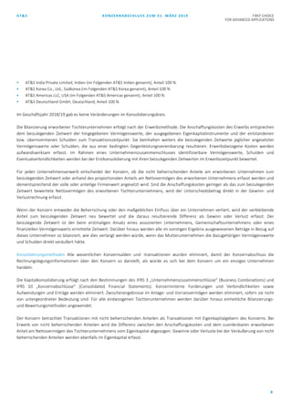 AT&S KONZERNABSCHLUSS ZUM 31. MÄRZ 2019 FIRST CHOICE
FOR ADVANCED APPLICATIONS
8
 AT&S India Private Limited, Indien (im Folgenden AT&S Indien genannt), Anteil 100 %
 AT&S Korea Co., Ltd., Südkorea (im Folgenden AT&S Korea genannt), Anteil 100 %
 AT&S Americas LLC, USA (im Folgenden AT&S Americas genannt), Anteil 100 %
 AT&S Deutschland GmbH, Deutschland, Anteil 100 %
Im Geschäftsjahr 2018/19 gab es keine Veränderungen im Konsolidierungskreis.
Die Bilanzierung erworbener Tochterunternehmen erfolgt nach der Erwerbsmethode. Die Anschaffungskosten des Erwerbs entsprechen
dem beizulegenden Zeitwert der hingegebenen Vermögenswerte, der ausgegebenen Eigenkapitalinstrumente und der entstandenen
bzw. übernommenen Schulden zum Transaktionszeitpunkt. Sie beinhalten weiters die beizulegenden Zeitwerte jeglicher angesetzter
Vermögenswerte oder Schulden, die aus einer bedingten Gegenleistungsvereinbarung resultieren. Erwerbsbezogene Kosten werden
aufwandswirksam erfasst. Im Rahmen eines Unternehmenszusammenschlusses identifizierbare Vermögenswerte, Schulden und
Eventualverbindlichkeiten werden bei der Erstkonsolidierung mit ihren beizulegenden Zeitwerten im Erwerbszeitpunkt bewertet.
Für jeden Unternehmenserwerb entscheidet der Konzern, ob die nicht beherrschenden Anteile am erworbenen Unternehmen zum
beizulegenden Zeitwert oder anhand des proportionalen Anteils am Nettovermögen des erworbenen Unternehmens erfasst werden und
dementsprechend der volle oder anteilige Firmenwert angesetzt wird. Sind die Anschaffungskosten geringer als das zum beizulegenden
Zeitwert bewertete Nettovermögen des erworbenen Tochterunternehmens, wird der Unterschiedsbetrag direkt in der Gewinn- und
Verlustrechnung erfasst.
Wenn der Konzern entweder die Beherrschung oder den maßgeblichen Einfluss über ein Unternehmen verliert, wird der verbleibende
Anteil zum beizulegenden Zeitwert neu bewertet und die daraus resultierende Differenz als Gewinn oder Verlust erfasst. Der
beizulegende Zeitwert ist der beim erstmaligen Ansatz eines assoziierten Unternehmens, Gemeinschaftsunternehmens oder eines
finanziellen Vermögenswerts ermittelte Zeitwert. Darüber hinaus werden alle im sonstigen Ergebnis ausgewiesenen Beträge in Bezug auf
dieses Unternehmen so bilanziert, wie dies verlangt werden würde, wenn das Mutterunternehmen die dazugehörigen Vermögenswerte
und Schulden direkt veräußert hätte.
Konsolidierungsmethoden Alle wesentlichen Konzernsalden und -transaktionen wurden eliminiert, damit der Konzernabschluss die
Rechnungslegungsinformationen über den Konzern so darstellt, als würde es sich bei dem Konzern um ein einziges Unternehmen
handeln.
Die Kapitalkonsolidierung erfolgt nach den Bestimmungen des IFRS 3 „Unternehmenszusammenschlüsse“ (Business Combinations) und
IFRS 10 „Konzernabschlüsse“ (Consolidated Financial Statements). Konzerninterne Forderungen und Verbindlichkeiten sowie
Aufwendungen und Erträge werden eliminiert. Zwischenergebnisse im Anlage- und Vorratsvermögen werden eliminiert, sofern sie nicht
von untergeordneter Bedeutung sind. Für alle einbezogenen Tochterunternehmen werden darüber hinaus einheitliche Bilanzierungs-
und Bewertungsmethoden angewendet.
Der Konzern betrachtet Transaktionen mit nicht beherrschenden Anteilen als Transaktionen mit Eigenkapitalgebern des Konzerns. Bei
Erwerb von nicht beherrschenden Anteilen wird die Differenz zwischen den Anschaffungskosten und dem zuordenbaren erworbenen
Anteil am Nettovermögen des Tochterunternehmens vom Eigenkapital abgezogen. Gewinne oder Verluste bei der Veräußerung von nicht
beherrschenden Anteilen werden ebenfalls im Eigenkapital erfasst.
 