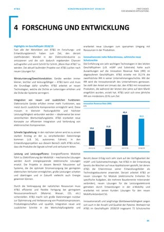 AT&S KONZERNLAGEBERICHT 2018/19 FIRST CHOICE
FOR ADVANCED APPLICATIONS
89
Highlights im Geschäftsjahr 2018/19
Fast alle der Aktivitäten von AT&S im Forschungs- und
Entwicklungsbereich haben zum Ziel, den derzeit
stattfindenden Wandel in der Elektronikindustrie zu
antizipieren und die sich dadurch ergebenden Chancen
aufzugreifen und somit Schritt für Schritt „More than AT&S“ zu
werden. Die aktuell laufenden Projekte von AT&S suchen nach
neuen Lösungen für:
Miniaturisierung/Gewichtsreduktion: Geräte werden immer
kleiner, leichter und leistungsfähiger – AT&S kann und muss
die Grundlage dafür schaffen. AT&S arbeitet an neuen
Technologien, welche die Dichte an Leiterzügen erhöhen und
die Dicke der Systeme verringern.
Integration von neuen und zusätzlichen Funktionen:
Elektronische Geräte erfüllen immer mehr Funktionen, was
meist durch zusätzliche Komponenten ermöglicht wird. Diese
müssen in kleinster Packungsdichte und höchster
Leistungsfähigkeit verbunden werden – idealerweise bei einer
vereinfachten Wertschöpfungskette. AT&S erarbeitet neue
Konzepte zur effizienten Integration und Verbindung von
elektronischen Komponenten.
Schnelle Signalleitung: In den nächsten Jahren wird es zu einem
starken Anstieg an der zu verarbeitenden Datenmenge
kommen (z.B. 5G, autonomes Fahren). In den
Entwicklungsprojekten aus diesem Bereich stellt AT&S sicher,
dass die Produkte die Signale schnell und verlustarm leiten.
Leistung und Leistungseffizienz: Energieeffiziente Mobilität
führt zu Elektrifizierung der Mobilität – mechanische Lösungen
werden durch energiesparende elektronische Lösungen
ersetzt. Die Projekte in diesem Bereich fokussieren auf
Systeme, die die optimale Stromversorgung bei geringsten
elektrischen Verlusten ermöglichen, große Leistungen schalten
und übertragen und in Zukunft vielleicht auch Energie
gewinnen können.
Durch die Verknappung der natürlichen Ressourcen muss
AT&S effiziente und flexible Fertigung bei geringstem
Ressourcenverbrauch (Material, Wasser, CO2 etc.)
sicherstellen. AT&S macht sich große Datenmengen nutzbar
zur Optimierung und Verbesserung von Produktionsprozessen,
Produkteigenschaften und -qualität, Integration neuer und
zusätzlicher Schritte in die Wertschöpfungskette und
erarbeitet neue Lösungen zum sparsamen Umgang mit
Ressourcen in der Produktion.
Innovationsrate nahe Rekordniveau, zahlreiche neue
Schutzrechte
Die Einführung von sehr wichtigen Technologien in den letzten
Geschäftsjahren (z.B. mSAP und Substrate) hatte auch
Auswirkungen auf die Innovation Revenue Rate (IRR) im
abgelaufenen Geschäftsjahr. AT&S erzielte mit 35,3 % die
zweithöchste IRR in seiner Unternehmensgeschichte. Mit der
IRR wird die Innovationskraft des Unternehmens gemessen.
Sie stellt den Anteil am Umsatz dar, den AT&S mit innovativen
Produkten, die während der letzten drei Jahre auf dem Markt
eingeführt wurden, erzielt hat. AT&S setzt sich eine jährliche
IRR von mindestens 20 % zum Ziel.
Beruht dieser Erfolg noch sehr stark auf der Verfügbarkeit der
mSAP- und Substrattechnologie, hat AT&S in der Entwicklung
bereits die Weichen auf neue Applikationen gestellt, bei denen
AT&S die Erkenntnisse seiner Entwicklungsfelder als
Technologiebausteine anwendet. Derzeit arbeitet AT&S an
neuen Lösungen für Module (elektronische Einheiten für
spezifische Aufgaben, die mehrere Bauelemente miteinander
verbinden), neuen Lösungen für die Leistungselektronik
getrieben durch Entwicklungen in der e-Mobility und
erarbeitet mit seinen Kunden Lösungen für den neuen
Mobilfunkstandard 5G.
Innovationskraft und langfristige Wettbewerbsfähigkeit zeigen
sich auch in der Anzahl und Qualität der Patente. Weltweit hat
AT&S im Geschäftsjahr 2018/19 insgesamt 72 Schutzrechte
19,6
21,8
40,4
35,3
2015/16 2016/17 2017/18 2018/19
Innovation Revenue Rate (IRR)
in %
4 FORSCHUNG UND ENTWICKLUNG
 