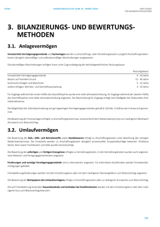 AT&S JAHRESABSCHLUSS ZUM 31. MÄRZ 2020 FIRST CHOICE
FOR ADVANCED APPLICATIONS
118
3.1. Anlagevermögen
Immaterielle Vermögensgegenstände und Sachanlagen werden zu Anschaffungs- oder Herstellungskosten zuzüglich Anschaffungsneben-
kosten abzüglich planmäßiger und außerplanmäßiger Abschreibungen ausgewiesen.
Die planmäßigen Abschreibungen erfolgen linear unter Zugrundelegung der betriebsgewöhnlichen Nutzungsdauer.
Nutzungsdauer
immaterielle Vermögensgegenstände 4 - 10 Jahre
Bauten auf fremdem Grund 12 - 40 Jahre
technische Anlagen und Maschinen 5 - 15 Jahre
andere Anlagen, Betriebs- und Geschäftsausstattung 3 - 10 Jahre
Für Zugänge während der ersten Hälfte des Geschäftsjahres wurde eine volle Jahresabschreibung, für Zugänge während der zweiten Hälfte
des Geschäftsjahres eine halbe Jahresabschreibung angesetzt. Die Abschreibung für Zugänge erfolgt nach Maßgabe des Zeitpunktes ihrer
Inbetriebnahme.
Die Möglichkeit der Sofortabschreibung von geringwertigen Vermögensgegenständen gemäß § 226 Abs. 3 UGB wurde in Anspruch genom-
men.
Die Bewertung der Finanzanlagen erfolgte zu Anschaffungskosten bzw. entsprechend dem Niederstwertprinzip zum niedrigeren Marktwert
(Kurswert) zum Bilanzstichtag.
3.2. Umlaufvermögen
Die Bewertung der Roh-, Hilfs- und Betriebsstoffe sowie Handelswaren erfolgt zu Anschaffungskosten unter Beachtung des strengen
Niederstwertprinzips. Die Ersatzteile werden zu Anschaffungskosten abzüglich prozentueller Gruppenabschläge bewertet. Erhaltene
Skonti, Boni sowie Frachtkosten und Zölle wurden berücksichtigt.
Die Bewertung der unfertigen und fertigen Erzeugnisse erfolgte zu Herstellungskosten. In den Herstellungskosten wurden auch angemes-
sene Material- und Fertigungsgemeinkosten angesetzt.
Forderungen und sonstige Vermögensgegenstände sind zu Nennwerten angesetzt. Für erkennbare Ausfallrisiken werden Einzelwertbe-
richtigungen gebildet.
Fremdwährungsforderungen werden mit dem Entstehungskurs oder mit dem niedrigeren Devisengeldkurs zum Bilanzstichtag angesetzt.
Die Bewertung der Wertpapiere des Umlaufvermögens erfolgt zu Anschaffungskosten oder zu niedrigeren Kurswerten zum Bilanzstichtag.
Die auf Fremdwährung lautenden Kassenbestände und Guthaben bei Kreditinstituten werden mit dem Entstehungskurs oder dem nied-
rigeren Kurs zum Bilanzstichtag bilanziert.
3. BILANZIERUNGS- UND BEWERTUNGS-
METHODEN
 