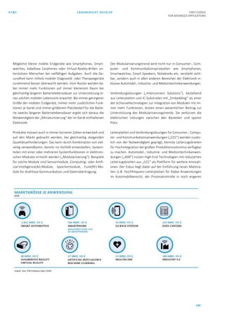 AT&S LAGEBERICHT 2019/20 FIRST CHOICE
FOR ADVANCED APPLICATIONS
140
Möglichst kleine mobile Endgeräte wie Smartphones, Smart-
watches, kabellose Earphones oder Virtual-Reality-Brillen un-
terstützen Menschen bei vielfältigen Aufgaben. Auch die Ge-
sundheit kann mittels mobiler Diagnostik- oder Therapiegeräte
zunehmend besser überwacht werden. Vom Nutzer werden da-
bei immer mehr Funktionen auf immer kleinerem Raum bei
gleichzeitig längerer Batterielebensdauer zur Unterstützung ei-
nes solchen mobilen Lebensstils erwartet. Bei immer geringerer
Größe der mobilen Endgeräte, immer mehr zusätzlichen Funk-
tionen je Gerät und immer größerem Platzbedarf für die Batte-
rie zwecks längerer Batterielebensdauer ergibt sich daraus die
Notwendigkeit der „Miniaturisierung“ der im Gerät enthaltenen
Elektronik.
Produkte müssen auch in immer kürzeren Zyklen entwickelt und
auf den Markt gebracht werden, bei gleichzeitig steigenden
Qualitätsanforderungen. Das kann durch Kombination von viel-
seitig verwendbaren, bereits im Vorfeld entwickelten, System-
teilen mit einer oder mehreren Systemfunktionen in elektroni-
schen Modulen erreicht werden („Modularisierung“). Beispiele
für solche Module sind Sensormodule, Computing- oder Artifi-
cial-Intelligence(AI)-Module, Speichermodule, Funk(RF)-Mo-
dule für drahtlose Kommunikation und Datenübertragung.
Der Modularisierungstrend wird nicht nur in Consumer-, Com-
puter- und Kommunikationsprodukten wie Smartphones,
Smartwatches, Smart Speakers, Notebooks etc. verstärkt sicht-
bar, sondern auch in allen anderen Bereichen der Elektronik in-
klusive Automobil-, Industrie- und Medizintechnikanwendungen.
Verbindungslösungen („Interconnect Solutions“), bestehend
aus Leiterplatten und IC-Substraten mit „Embedding“ als einer
der Schlüsseltechnologien zur Integration von Modulen mit im-
mer mehr Funktionen, leisten einen wesentlichen Beitrag zur
Unterstützung des Modularisierungstrends. Sie verkürzen die
elektrischen Leitungen zwischen den Bauteilen und sparen
Platz.
Leiterplatten und Verbindungslösungen für Consumer-, Compu-
ter- und Kommunikationsanwendungen („CCC“) werden zusätz-
lich von der Notwendigkeit geprägt, kleinste Leiterzugsbreiten
für Hochintegration bei großen Produktionsvolumina verfügbar
zu machen. Automobil-, Industrie- und Medizintechnikanwen-
dungen („AIM“) nutzen High-End-Technologien mit reduzierten
Leiterzugsbreiten aus „CCC“ als Plattform für weitere Innovati-
onen. Der Fokus liegt dabei auf der Einführung neuer Materia-
lien (z.B. Hochfrequenz-Leiterplatten für Radar-Anwendungen
im Automobilbereich), der Prozesskontrolle in noch engeren
 