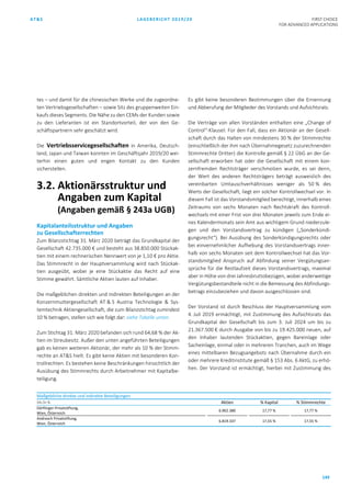 AT&S LAGEBERICHT 2019/20 FIRST CHOICE
FOR ADVANCED APPLICATIONS
149
tes – und damit für die chinesischen Werke und die zugeordne-
ten Vertriebsgesellschaften – sowie Sitz des gruppenweiten Ein-
kaufs dieses Segments. Die Nähe zu den CEMs der Kunden sowie
zu den Lieferanten ist ein Standortvorteil, der von den Ge-
schäftspartnern sehr geschätzt wird.
Die Vertriebsservicegesellschaften in Amerika, Deutsch-
land, Japan und Taiwan konnten im Geschäftsjahr 2019/20 wei-
terhin einen guten und engen Kontakt zu den Kunden
sicherstellen.
3.2. Aktionärsstruktur und
Angaben zum Kapital
(Angaben gemäß § 243a UGB)
Kapitalanteilsstruktur und Angaben
zu Gesellschafterrechten
Zum Bilanzstichtag 31. März 2020 beträgt das Grundkapital der
Gesellschaft 42.735.000 € und besteht aus 38.850.000 Stückak-
tien mit einem rechnerischen Nennwert von je 1,10 € pro Aktie.
Das Stimmrecht in der Hauptversammlung wird nach Stückak-
tien ausgeübt, wobei je eine Stückaktie das Recht auf eine
Stimme gewährt. Sämtliche Aktien lauten auf Inhaber.
Die maßgeblichen direkten und indirekten Beteiligungen an der
Konzernmuttergesellschaft AT & S Austria Technologie & Sys-
temtechnik Aktiengesellschaft, die zum Bilanzstichtag zumindest
10 % betragen, stellen sich wie folgt dar: siehe Tabelle unten.
Zum Stichtag 31. März 2020 befanden sich rund 64,68 % der Ak-
tien im Streubesitz. Außer den unten angeführten Beteiligungen
gab es keinen weiteren Aktionär, der mehr als 10 % der Stimm-
rechte an AT&S hielt. Es gibt keine Aktien mit besonderen Kon-
trollrechten. Es bestehen keine Beschränkungen hinsichtlich der
Ausübung des Stimmrechts durch Arbeitnehmer mit Kapitalbe-
teiligung.
Es gibt keine besonderen Bestimmungen über die Ernennung
und Abberufung der Mitglieder des Vorstands und Aufsichtsrats.
Die Verträge von allen Vorständen enthalten eine „Change of
Control“-Klausel: Für den Fall, dass ein Aktionär an der Gesell-
schaft durch das Halten von mindestens 30 % der Stimmrechte
(einschließlich der ihm nach Übernahmegesetz zuzurechnenden
Stimmrechte Dritter) die Kontrolle gemäß § 22 ÜbG an der Ge-
sellschaft erworben hat oder die Gesellschaft mit einem kon-
zernfremden Rechtsträger verschmolzen wurde, es sei denn,
der Wert des anderen Rechtsträgers beträgt ausweislich des
vereinbarten Umtauschverhältnisses weniger als 50 % des
Werts der Gesellschaft, liegt ein solcher Kontrollwechsel vor. In
diesem Fall ist das Vorstandsmitglied berechtigt, innerhalb eines
Zeitraums von sechs Monaten nach Rechtskraft des Kontroll-
wechsels mit einer Frist von drei Monaten jeweils zum Ende ei-
nes Kalendermonats sein Amt aus wichtigem Grund niederzule-
gen und den Vorstandsvertrag zu kündigen („Sonderkündi-
gungsrecht“). Bei Ausübung des Sonderkündigungsrechts oder
bei einvernehmlicher Aufhebung des Vorstandsvertrags inner-
halb von sechs Monaten seit dem Kontrollwechsel hat das Vor-
standsmitglied Anspruch auf Abfindung seiner Vergütungsan-
sprüche für die Restlaufzeit dieses Vorstandsvertrags, maximal
aber in Höhe von drei Jahresbruttobezügen, wobei anderweitige
Vergütungsbestandteile nicht in die Bemessung des Abfindungs-
betrags einzubeziehen und davon ausgeschlossen sind.
Der Vorstand ist durch Beschluss der Hauptversammlung vom
4. Juli 2019 ermächtigt, mit Zustimmung des Aufsichtsrats das
Grundkapital der Gesellschaft bis zum 3. Juli 2024 um bis zu
21.367.500 € durch Ausgabe von bis zu 19.425.000 neuen, auf
den Inhaber lautenden Stückaktien, gegen Bareinlage oder
Sacheinlage, einmal oder in mehreren Tranchen, auch im Wege
eines mittelbaren Bezugsangebots nach Übernahme durch ein
oder mehrere Kreditinstitute gemäß § 153 Abs. 6 AktG, zu erhö-
hen. Der Vorstand ist ermächtigt, hierbei mit Zustimmung des
Maßgebliche direkte und indirekte Beteiligungen
Stk./in % Aktien % Kapital % Stimmrechte
Dörflinger-Privatstiftung,
Wien, Österreich
6.902.380 17,77 % 17,77 %
Androsch Privatstiftung,
Wien, Österreich
6.819.337 17,55 % 17,55 %
 