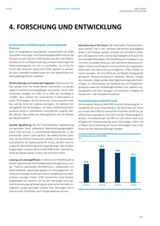 AT&S LAGEBERICHT 2019/20 FIRST CHOICE
FOR ADVANCED APPLICATIONS
152
Strukturierte Erschließung der technologischen
Chancen
Auch im vergangenen Geschäftsjahr konzentrierte sich AT&S
mit seinen Forschungs- und Entwicklungsaktivitäten darauf, die
Chancen aus dem derzeit stattfindenden Wandel in der Elektro-
nikindustrie hin zur Modularisierung und damit Änderungen der
Wertschöpfungskette für sich zu erschließen, um Schritt für
Schritt dem Anspruch „More than AT&S“ gerecht zu werden.
Die dazu laufenden Projekte lassen sich vier wesentlichen Ent-
wicklungsprogrammen zuordnen:
Miniaturisierung und Funktionale Integration: Elektronische Ge-
räte werden nicht nur immer kleiner und leichter, sie werden
zugleich zunehmend leistungsfähiger und erfüllen immer mehr
Funktionen. Aufgabe von AT&S ist es, dafür die Grundlage zu
schaffen. Dazu arbeitet das Unternehmen im Besonderen an
neuen Technologien, die die Dichte der Leiterstrukturen erhö-
hen und die Dicke der Systeme verringern. Ein weiteres For-
schungsfeld sind Technologien, mit denen elektronische Kom-
ponenten direkt in Leiterplatten und Substrate integriert wer-
den können. Dies erhöht die Packungsdichte und die Effizienz
des Gesamtsystems.
Schnelle Signalleitung: Mit der fortschreitenden Digitalisierung
und getrieben durch verbesserte Datenübertragungsmöglich-
keiten (5G) wird das zu verarbeitende Datenvolumen in den
kommenden Jahren stark wachsen. Bei elektronischen Syste-
men, die bei höheren Frequenzen arbeiten (z.B. Kommunikati-
onsmodule für 5G, Radarsysteme für Autos), werden neue Lö-
sungen für die Verbindungstechnologie benötigt. Über Entwick-
lungsprojekte in diesem Bereich stellt AT&S sicher, dass die Pro-
dukte die Signale schnell, präzise und verlustarm leiten.
Leistung und Leistungseffizienz: Im Bereich der Mobilität gibt es
derzeit angesichts der Nachhaltigkeitsbestrebungen einen star-
ken Trend zu alternativen Antriebsformen, insbesondere zur
Elektromobilität. Gleichzeitig werden im Fahrzeugbereich me-
chanische Lösungen zunehmend durch energiesparende elekt-
ronische Lösungen ersetzt. AT&S konzentriert seine Entwick-
lungstätigkeit auf Systeme, die bei den Fahrzeugen eine opti-
male Stromversorgung bei geringsten elektrischen Verlusten er-
möglichen, große Leistungen schalten bzw. übertragen und in
Zukunft unter Umständen auch Energie gewinnen können.
Manufacturing of the Future: Die industriellen Produktionspro-
zesse werden sich in den nächsten Jahrzehnten grundlegend
ändern. Die Prozesse werden verstärkt mit Künstlicher Intelli-
genz (KI) organisiert sein, und die Nachhaltigkeit wird auch hier
eine wichtige Rolle spielen: Die Herstellung von Produkten muss
mit einem minimalen Verbrauch von natürlichen Ressourcen er-
folgen, höchst zuverlässig sein und hinsichtlich der eingesetzten
Materialien eine Nachnutzung ermöglichen. AT&S arbeitet an
neuen Lösungen, die eine effiziente und flexible Fertigung bei
geringstem Ressourcenverbrauch (Material, Wasser, Energie
etc.) erlauben. Dabei werden über Digitalisierung große Daten-
mengen zur Optimierung und Verbesserung von Produktions-
prozessen sowie von Produkteigenschaften und -qualität nutz-
bar gemacht und neue Lösungen zum sparsamen Umgang mit
Ressourcen in der Produktion erarbeitet.
Innovationsrate weiterhin hoch
Die Innovation Revenue Rate (IRR) misst die Auswirkung der In-
novationskraft eines Unternehmens. Sie beschreibt den Anteil
am Umsatz, den AT&S mit innovativen Produkten erzielt hat, die
während der vergangenen drei Jahre auf dem Markt eingeführt
wurden. Grundsätzlich gilt: Die IRR ist in den Jahren nach einer
erfolgreichen Implementierung neuer Technologien höher und
in Phasen der Entwicklung von neuen Technologien (also in der
Phase vor ihrer Markteinführung) niedriger.
21,8
40,4
35,3
30,8
2016/17 2017/18 2018/19 2019/20
Innovation RevenueRate (IRR)
in %
4. FORSCHUNG UND ENTWICKLUNG
 