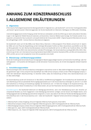 AT&S KONZERNABSCHLUSS ZUM 31. MÄRZ 2020 FIRST CHOICE
FOR ADVANCED APPLICATIONS
7
A. Allgemeines
AT & S Austria Technologie & Systemtechnik Aktiengesellschaft (im Folgenden kurz „die Gesellschaft“ und mit ihren Tochtergesellschaften
„der Konzern“ genannt) wurde in Österreich gegründet. Der Sitz der Gesellschaft ist in Österreich, Fabriksgasse 13, 8700 Leoben-Hinterberg.
Unternehmensgegenstand sind die Fertigung und der Vertrieb von Leiterplatten und die Durchführung von damit verbundenen Dienstleis-
tungen in den Segmenten Mobile Devices & Substrates und Automotive, Industrial, Medical sowie Sonstige. Die Produkte werden im eu-
ropäischen und asiatischen Raum produziert und sowohl direkt bei den Erstausrüstern (OEM – Original Equipment Manufacturer) als auch
bei Auftragsfertigern (CEM – Contract Electronic Manufacturer) abgesetzt.
Die Gesellschaft notiert seit 20. Mai 2008 an der Wiener Börse, Österreich, im Börsensegment Prime Market und wird seit 15. Septem-
ber 2008, nach einer Phase des Doppellistings auf dem bisherigen Börsenplatz Frankfurt am Main, Deutschland, ausschließlich an der Wie-
ner Börse gehandelt. Vor dem Wechsel des Börsenplatzes notierte die Gesellschaft seit 16. Juli 1999 an der Frankfurter Börse. Die AT&S
Aktie wird seit 19. März 2018 in den österreichischen Leitindex ATX einbezogen. Der Konzernabschluss wurde gemäß § 245a UGB in Über-
einstimmung mit den vom International Accounting Standards Board (IASB) formulierten Standards (IFRSs und IAS) und Interpretationen
(IFRIC und SIC), wie sie in der Europäischen Union (EU) anzuwenden sind, erstellt.
B. Bilanzierungs- und Bewertungsgrundsätze
Die bei der Erstellung des Konzernabschlusses herangezogenen Bewertungsgrundlagen basieren auf historischen Anschaffungs- oder Her-
stellungskosten – mit Ausnahme der Wertpapiere und der derivativen Finanzinstrumente, die mit dem beizulegenden Zeitwert bewertet
werden.
a. Konsolidierungsgrundsätze
Abschlussstichtag für alle in den Konzernabschluss einbezogenen Unternehmen ist der 31. März 2020 mit folgenden Ausnahmen: Aufgrund
der gesetzlichen Lage in China entspricht das Geschäftsjahr der AT&S (China) Company Limited und der AT&S (Chongqing) Company Li-
mited dem Kalenderjahr (Abschlussstichtag: 31. Dezember 2019), sodass die Einbeziehung auf Basis eines Zwischenabschlusses zum
31. März 2020 erfolgte.
Der Konzernabschluss wurde vom Vorstand am 13. Mai 2020 zur Veröffentlichung freigegeben. Der Einzelabschluss der Gesellschaft, der
nach Überleitung auf die anzuwendenden Rechnungslegungsstandards auch in den Konzernabschluss einbezogen ist, wird am 4. Juni 2020
dem Aufsichtsrat zur Prüfung und Feststellung vorgelegt. Der Aufsichtsrat und – im Falle einer Vorlage an die Hauptversammlung – die
Gesellschafter können diesen Einzelabschluss in einer Weise ändern, die auch die Präsentation des Konzernabschlusses beeinflusst.
Konsolidierungskreis Die Gesellschaft beherrscht ein Beteiligungsunternehmen, wenn eine Risikobelastung durch oder Anrechte auf
schwankende Renditen aus ihrem Engagement in dem Beteiligungsunternehmen vorliegen und der Konzern die Fähigkeit besitzt, seine
Verfügungsgewalt über das Beteiligungsunternehmen dergestalt zu nutzen, dass dadurch die Höhe der Rendite des Beteiligungsunterneh-
mens beeinflusst wird. In den Konzernabschluss sind – neben der Gesellschaft – folgende Tochterunternehmen einbezogen und vollkon-
solidiert:
 AT&S Asia Pacific Limited, Hongkong, China (im Folgenden AT&S Asia Pacific genannt), Anteil 100 %
 AT&S (China) Company Limited, China (im Folgenden AT&S China genannt), 100 % Tochtergesellschaft der AT&S Asia Pacific
 AT&S (Chongqing) Company Limited, China (im Folgenden AT&S Chongqing genannt), 100 % Tochtergesellschaft der AT&S Asia Pacific
 AT&S Japan K.K., Japan, 100 % Tochtergesellschaft der AT&S Asia Pacific
 AT&S (Taiwan) Co., Ltd., Taiwan (im Folgenden AT&S Taiwan genannt), 100 % Tochtergesellschaft der AT&S Asia Pacific
ANHANG ZUM KONZERNABSCHLUSS
I.ALLGEMEINE ERLÄUTERUNGEN
 