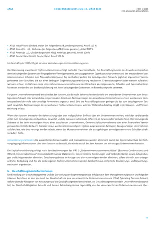 AT&S KONZERNABSCHLUSS ZUM 31. MÄRZ 2020 FIRST CHOICE
FOR ADVANCED APPLICATIONS
8
 AT&S India Private Limited, Indien (im Folgenden AT&S Indien genannt), Anteil 100 %
 AT&S Korea Co., Ltd., Südkorea (im Folgenden AT&S Korea genannt), Anteil 100 %
 AT&S Americas LLC, USA (im Folgenden AT&S Americas genannt), Anteil 100 %
 AT&S Deutschland GmbH, Deutschland, Anteil 100 %
Im Geschäftsjahr 2019/20 gab es keine Veränderungen im Konsolidierungskreis.
Die Bilanzierung erworbener Tochterunternehmen erfolgt nach der Erwerbsmethode. Die Anschaffungskosten des Erwerbs entsprechen
dem beizulegenden Zeitwert der hingegebenen Vermögenswerte, der ausgegebenen Eigenkapitalinstrumente und der entstandenen bzw.
übernommenen Schulden zum Transaktionszeitpunkt. Sie beinhalten weiters die beizulegenden Zeitwerte jeglicher angesetzter Vermö-
genswerte oder Schulden, die aus einer bedingten Gegenleistungsvereinbarung resultieren. Erwerbsbezogene Kosten werden aufwands-
wirksam erfasst. Im Rahmen eines Unternehmenszusammenschlusses identifizierbare Vermögenswerte, Schulden und Eventualverbind-
lichkeiten werden bei der Erstkonsolidierung mit ihren beizulegenden Zeitwerten im Erwerbszeitpunkt bewertet.
Für jeden Unternehmenserwerb entscheidet der Konzern, ob die nicht beherrschenden Anteile am erworbenen Unternehmen zum beizu-
legenden Zeitwert oder anhand des proportionalen Anteils am Nettovermögen des erworbenen Unternehmens erfasst werden und dem-
entsprechend der volle oder anteilige Firmenwert angesetzt wird. Sind die Anschaffungskosten geringer als das zum beizulegenden Zeit-
wert bewertete Nettovermögen des erworbenen Tochterunternehmens, wird der Unterschiedsbetrag direkt in der Gewinn- und Verlust-
rechnung erfasst.
Wenn der Konzern entweder die Beherrschung oder den maßgeblichen Einfluss über ein Unternehmen verliert, wird der verbleibende
Anteil zum beizulegenden Zeitwert neu bewertet und die daraus resultierende Differenz als Gewinn oder Verlust erfasst. Der beizulegende
Zeitwert ist der beim erstmaligen Ansatz eines assoziierten Unternehmens, Gemeinschaftsunternehmens oder eines finanziellen Vermö-
genswerts ermittelte Zeitwert. Darüber hinaus werden alle im sonstigen Ergebnis ausgewiesenen Beträge in Bezug auf dieses Unternehmen
so bilanziert, wie dies verlangt werden würde, wenn das Mutterunternehmen die dazugehörigen Vermögenswerte und Schulden direkt
veräußert hätte.
Konsolidierungsmethoden Alle wesentlichen Konzernsalden und -transaktionen wurden eliminiert, damit der Konzernabschluss die Rech-
nungslegungsinformationen über den Konzern so darstellt, als würde es sich bei dem Konzern um ein einziges Unternehmen handeln.
Die Kapitalkonsolidierung erfolgt nach den Bestimmungen des IFRS 3 „Unternehmenszusammenschlüsse“ (Business Combinations) und
IFRS 10 „Konzernabschlüsse“ (Consolidated Financial Statements). Konzerninterne Forderungen und Verbindlichkeiten sowie Aufwendun-
gen und Erträge werden eliminiert. Zwischenergebnisse im Anlage- und Vorratsvermögen werden eliminiert, sofern sie nicht von unterge-
ordneter Bedeutung sind. Für alle einbezogenen Tochterunternehmen werden darüber hinaus einheitliche Bilanzierungs- und Bewertungs-
methoden angewendet.
b. Geschäftssegmentinformationen
Die Einteilung der Geschäftssegmente und die Darstellung der Segmentergebnisse erfolgt nach dem Management Approach und folgt den
internen Berichten an den Vorstand der Gesellschaft als jene verantwortliche Unternehmensinstanz (Chief Operating Decision Maker),
welche über die Allokation von Ressourcen auf die Geschäftssegmente entscheidet. Als Geschäftssegment wird ein Unternehmensbestand-
teil, der Geschäftstätigkeiten betreibt und dessen Betriebsergebnisse regelmäßig von der verantwortlichen Unternehmensinstanz über-
 
