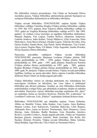 Pēc bibliotēkas vēstures prezentācijas, Viļa Cibuļa un Normunda Orlova
muzikālas pauzes, Viļakas bibliotēkas administrācija pateicās bijušajiem un
esošajiem bibliotēkas darbiniekiem un bibliotēkas labvēļiem.
Viļakas novada bibliotēkas TENCINĀJUMU saņēma bijušās Viļakas
bibliotēkas vadītājas Valentīna Strupka (Viļakas pilsētas bibliotēkas vadītāja
no 1959. līdz 1973. gadam); Ņina Tokareva (Bērnu bibliotēkas vadītāja no
1953. gada) un Virgīnija Riekstiņa (bibliotēkas vadītāja no1973. līdz 1988.
gadam). Ar ziediem sveica toreizējos un tagadējos bibliotēkas darbiniekus:
Marjanu Dupužu, Vitu Loginu, Tamāru Krilovu, Jekaterinu Andersoni,
Ludmilu Jasakovu, Ināru Kuduri, Taisiju Maļinovu, Liliju Ivanovsku, Irēnu
Medvedevu, Anitu Breici (Zariņu), Zinaīdu Loginu, Viktoriju Stivrišku, Irinu
Garinu (Gutke), Sandru Resni, Aiju Pužuli, Sanitu Bindemani, Viju Circāni,
Aiju Lesnieci, Regīnu Dūnu, Vili Bukšu, Valiju Augustāni, Sandru Dvinsku,
Silviju Ikaunieci (bērnu bibliotēka).
Pateicoties
pašvaldību
vadītājiem
Viļakas
novada
bibliotēkas
TENCINĀJUMU pasniedza Marjanam Locānam (Viļakas pilsētas TDP
valdes priekšsēdētājs no 1990. – 1994. gadam. Viļakas pilsētas Domes
priekšsēdētājs no 1994. gada – 1997. gada jūlijam); Staņislavam Pužulim
(Viļakas pilsētas Domes priekšsēdētājs no 1997. gada – 2001. gadam);
Regīnai Brokānei (Viļakas pilsētas Domes priekšsēdētāja no 2001. gada –
2009. gada 30. jūnijam); Viļakas novada Domei; Viļakas novada pašvaldības
Izglītības, kultūras un sporta pārvaldei, Balvu reģiona Centrālās bibliotēkas
direktorei Rutai Cibulei un Susāju pagasta pārvaldei.
Viļakas bibliotēkas vēsture un sekmīga darbošanās nav iedomājama bez
nesavtīgiem cilvēkiem un labvēļiem, kas visos laikos ir palīdzējuši
bibliotēkai gan dāvinot grāmatas, žurnālus un citas bibliotēkas darbošanās
nodrošināšanai svarīgas lietas, gan atbalstījuši ar padomu, idejām un radošām
aktivitātēm. Pateicoties viņiem, bibliotēka tencināja uzņēmumu SIA „Ķira”
un uzņēmējus Janīnu un Jaroslavu Kozlovus. Pateicās SIA „Latkomerc” un
Leonīdam Cvetkovam. Liels „Paldies!” uzņēmējam Artūram Kokorevičam.
Bibliotēkas TENCINĀJUMU par labdarību saņēma: Vineta Zeltkalne,
Albīna un Skaidrīte Veinas, Ināra Kudure, Ivars Logins, Anna Raubena,
Marjans Locāns, Ivars Kokorevičs, Valentīna Bukovska, Lilita Šnepere,
Aleksandrs Ikers, Laima un Kristers Timmermaņi, Ņina Abramova, Larisa
Kļaviņa, Anna Aleksāne, Rudīte Buzijana, Iveta Dzanuška, Jaroslavs
Kozlovs, Leonīds Cvetkovs,, Susāju pagasta pārvalde, Valdas un Venjamina
Buzijanu ģimene, Antoņina Ločmele, Rutta Jeromāne, Ilze Keiša, Ilze
Šaicāne, Dzintars Dvinskis, Viļakas novada bibliotēkas, Diāna Astreiko,
Maija Boldāne, Inga Orlovska, Vilis Cibulis un Normunds Orlovs.

25

 