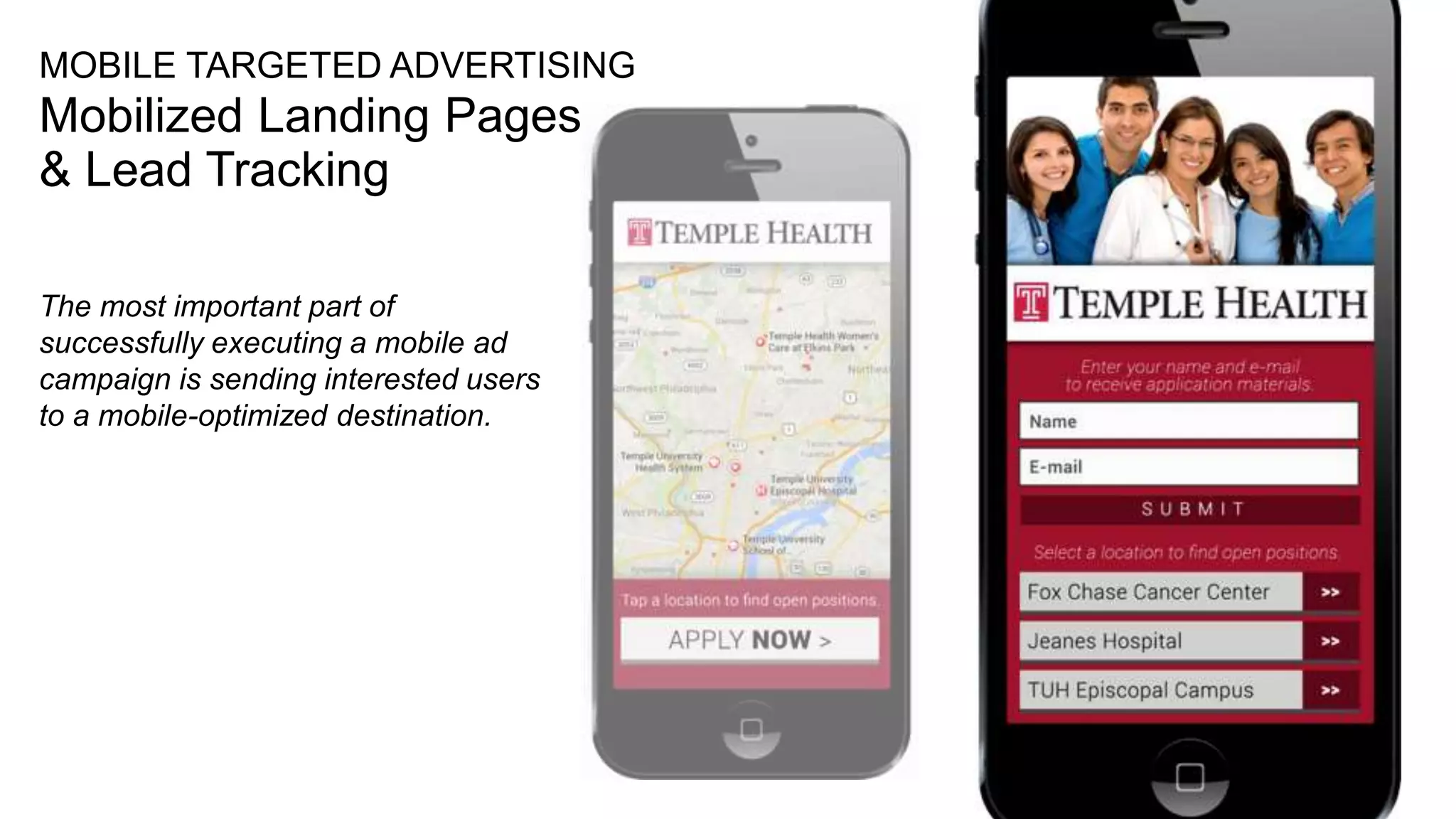 23
MOBILE TARGETED ADVERTISING
Mobilized Landing Pages
& Lead Tracking
The most important part of
successfully executing a mobile ad
campaign is sending interested users
to a mobile-optimized destination.
 