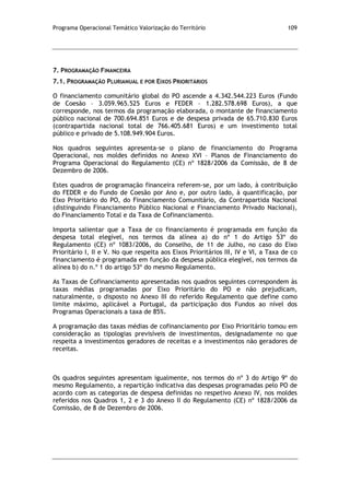 Programa Operacional Temático Valorização do Território 109
7. PROGRAMAÇÃO FINANCEIRA
7.1. PROGRAMAÇÃO PLURIANUAL E POR EIXOS PRIORITÁRIOS
O financiamento comunitário global do PO ascende a 4.342.544.223 Euros (Fundo
de Coesão – 3.059.965.525 Euros e FEDER – 1.282.578.698 Euros), a que
corresponde, nos termos da programação elaborada, o montante de financiamento
público nacional de 700.694.851 Euros e de despesa privada de 65.710.830 Euros
(contrapartida nacional total de 766.405.681 Euros) e um investimento total
público e privado de 5.108.949.904 Euros.
Nos quadros seguintes apresenta-se o plano de financiamento do Programa
Operacional, nos moldes definidos no Anexo XVI – Planos de Financiamento do
Programa Operacional do Regulamento (CE) nº 1828/2006 da Comissão, de 8 de
Dezembro de 2006.
Estes quadros de programação financeira referem-se, por um lado, à contribuição
do FEDER e do Fundo de Coesão por Ano e, por outro lado, à quantificação, por
Eixo Prioritário do PO, do Financiamento Comunitário, da Contrapartida Nacional
(distinguindo Financiamento Público Nacional e Financiamento Privado Nacional),
do Financiamento Total e da Taxa de Cofinanciamento.
Importa salientar que a Taxa de co financiamento é programada em função da
despesa total elegível, nos termos da alínea a) do nº 1 do Artigo 53º do
Regulamento (CE) nº 1083/2006, do Conselho, de 11 de Julho, no caso do Eixo
Prioritário I, II e V. No que respeita aos Eixos Prioritários III, IV e VI, a Taxa de co
financiamento é programada em função da despesa pública elegível, nos termos da
alínea b) do n.º 1 do artigo 53º do mesmo Regulamento.
As Taxas de Cofinanciamento apresentadas nos quadros seguintes correspondem às
taxas médias programadas por Eixo Prioritário do PO e não prejudicam,
naturalmente, o disposto no Anexo III do referido Regulamento que define como
limite máximo, aplicável a Portugal, da participação dos Fundos ao nível dos
Programas Operacionais a taxa de 85%.
A programação das taxas médias de cofinanciamento por Eixo Prioritário tomou em
consideração as tipologias previsíveis de investimentos, designadamente no que
respeita a investimentos geradores de receitas e a investimentos não geradores de
receitas.
Os quadros seguintes apresentam igualmente, nos termos do nº 3 do Artigo 9º do
mesmo Regulamento, a repartição indicativa das despesas programadas pelo PO de
acordo com as categorias de despesa definidas no respetivo Anexo IV, nos moldes
referidos nos Quadros 1, 2 e 3 do Anexo II do Regulamento (CE) nº 1828/2006 da
Comissão, de 8 de Dezembro de 2006.
 
