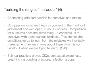 “building the rungs of the ladder” (4)
• Connecting with compassion for ourselves and others
• Compassion for others helps us connect to them without
judgement and with open, curious kindness. Compassion
for ourselves does the same thing – it connects us to
ourselves with open, curious kindness. This creates the
conditions for us to learn from the mistakes we inevitably
make rather than feel shame about them (which is so
unhelpful when we are trying to learn). (128)
• Spiritual practice: prayer, CIQs, contextual awareness,
breathing / grounding practices, reﬂection groups
 