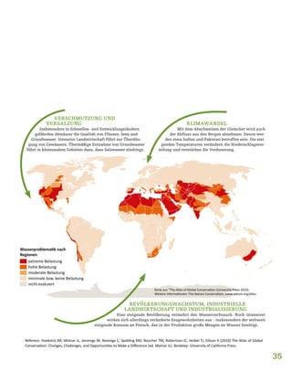 35
Wasserproblematik nach
Regionen
extreme Belastung
hohe Belastung
moderate Belastung
minimale bzw. keine Belastung
nicht evaluiert
Karte aus "The Atlas of Global Conservation (University Press 2010).
Weitere Informationen: The Nature Conservation, www.nature.org/atlas
VERSCHMUTZUNG UND
VERSALZUNG
Insbesondere in Schwellen- und Entwicklungsländern
gefährden Abwässer die Qualität von Flüssen, Seen und
Grundwasser. Intensive Landwirtschaft führt zur Überdün-
gung von Gewässern. Übermäßige Entnahme von Grundwasser
führt in küstennahen Gebieten dazu, dass Salzwasser eindringt.
KLIMAWANDEL
Mit dem Abschmelzen der Gletscher wird auch
der Abfluss aus den Bergen abnehmen. Davon wer-
den etwa Indien und Pakistan betroffen sein. Die stei-
genden Temperaturen verändern die Niederschlagsver-
teilung und verstärken die Verdunstung.
BEVÖLKERUNGSWACHSTUM, INDUSTRIELLE
LANDWIRTSCHAFT UND INDUSTRIALISIERUNG
Eine steigende Bevölkerung vermehrt den Wasserverbrauch. Noch intensiver
wirken sich allerdings veränderte Essgewohnheiten aus – insbesondere der weltweit
steigende Konsum an Fleisch, das in der Produktion große Mengen an Wasser benötigt.
Referenz: Hoekstra JM, Molnar JL, Jennings M, Revenga C, Spalding MD, Boucher TM, Robertson JC, Heibel TJ, Ellison K (2010) The Atlas of Global
Conservation: Changes, Challenges, and Opportunities to Make a Difference (ed. Molnar JL). Berkeley: University of California Press
 