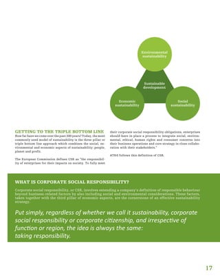 WHAT IS CORPORATE SOCIAL RESPONSIBILITY?
Corporate social responsibility, or CSR, involves extending a company’s definition of responsible behaviour
beyond business-related factors by also including social and environmental considerations. These factors,
taken together with the third pillar of economic aspects, are the cornerstone of an effective sustainability
strategy.
Put simply, regardless of whether we call it sustainability, corporate
social responsibility or corporate citizenship, and irrespective of
function or region, the idea is always the same:
taking responsibility.
Environmental
sustainability
Economic
sustainability
Social
sustainability
Sustainable
development
17
GETTING TO THE TRIPLE BOTTOM LINE
How far have we come over the past 300 years? Today, the most
commonly used model of sustainability is the three-pillar or
triple bottom line approach which combines the social, en-
vironmental and economic aspects of sustainability: people,
planet and profit.
The European Commission defines CSR as “the responsibil-
ity of enterprises for their impacts on society. To fully meet
their corporate social responsibility obligations, enterprises
should have in place a process to integrate social, environ-
mental, ethical, human rights and consumer concerns into
their business operations and core strategy in close collabo-
ration with their stakeholders.”
AT&S follows this definition of CSR.
 