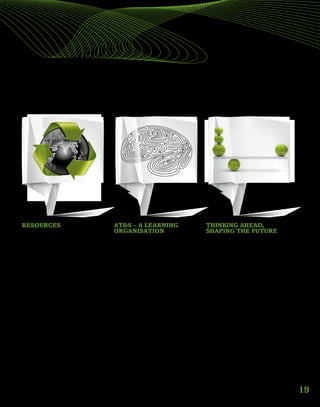 19
RESOURCES
As a manufacturer of high-tech intercon-
nection solutions, AT&S uses a variety
of raw materials, many of which are ex-
tremely valuable. Making efficiency gains
and improving the way we use resources
are not only important in operational
terms, but also significantly reduce the
burden on the environment. Innovative
concepts, best practice sharing between
plants, and global projects are helping us
to home in on individual processes and
forms of resource use, and continuously
optimise them. It is essential that we not
only focus on the individual processes in
isolation, but take the stages that come
into play before and after into account,
as part of a holistic approach.
AT&S – A LEARNING
ORGANISATION
Manufacturing technologically advanced
products requires targeted investments in
employee training and development. This
report outlines the steps we are taking to
create a learning organisation at the Group
and offer long-term development oppor-
tunities for our staff. Internal training
schemes are used to ensure our highly spe-
cialised staff are always one step ahead.
Senior management believes strongly in
cultivating a strong learning environment
at the group to overcome technical and so-
cial barriers.
THINKING AHEAD,
SHAPING THE FUTURE
Entrepreneurial thinking is important to
us. AT&S is fortunate to have employees
who bring such a high level of enthusiasm
to their work. As an international com-
pany we offer an attractive working en-
vironment. To acquire and retain highly
qualified staff, employers must offer an
appealing place to work that values the
individual, and offer something to people
in the long term that goes beyond purely
financial considerations. Our role in the
supply chain for leading electronic prod-
ucts brings certain responsibilities with
it. We are fully aware that our obligations
towards the environment and society must
also dovetail with our business and op-
erational responsibilities. In both cases
forward planning is the decisive factor.
Forward planning is the key to identifying
and managing overlapping interests, and
creating sustainable solutions that benefit
individualemployees,society,theenviron-
ment and the Group as a whole.
 