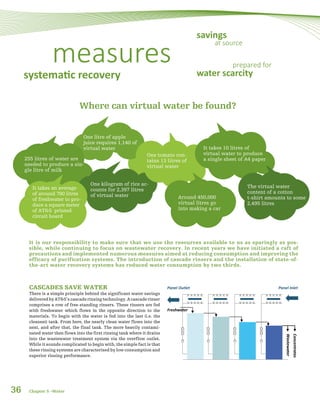 36
CASCADES SAVE WATER
There is a simple principle behind the significant water savings
delivered by AT&S’s cascade rinsing technology. A cascade rinser
comprises a row of free-standing rinsers. These rinsers are fed
with freshwater which flows in the opposite direction to the
materials. To begin with the water is fed into the last (i.e. the
cleanest) tank. From here, the nearly clean water flows into the
next, and after that, the final tank. The more heavily contami-
nated water then flows into the first rinsing tank where it drains
into the wastewater treatment system via the overflow outlet.
While it sounds complicated to begin with, the simple fact is that
these rinsing systems are characterised by low consumption and
superior rinsing performance.
It is our responsibility to make sure that we use the resources available to us as sparingly as pos-
sible, while continuing to focus on wastewater recovery. In recent years we have initiated a raft of
precautions and implemented numerous measures aimed at reducing consumption and improving the
efficacy of purification systems. The introduction of cascade rinsers and the installation of state-of-
the-art water recovery systems has reduced water consumption by two thirds.
measures
savings
at source
systematic recovery
prepared for
water scarcity
Where can virtual water be found?
It takes 10 litres of
virtual water to produce
a single sheet of A4 paper
The virtual water
content of a cotton
t-shirt amounts to some
2,495 litres
Around 450,000
virtual litres go
into making a car
It takes an average
of around 780 litres
of freshwater to pro-
duce a square meter
of AT&S printed
circuit board
One litre of apple
juice requires 1,140 of
virtual water
One tomato con-
tains 13 litres of
virtual water
One kilogram of rice ac-
counts for 2,397 litres
of virtual water
255 litres of water are
needed to produce a sin-
gle litre of milk
Panel InletPanel Outlet
Freshwater
Concentrates
Wastewater
Chapter 5 –Water
 
