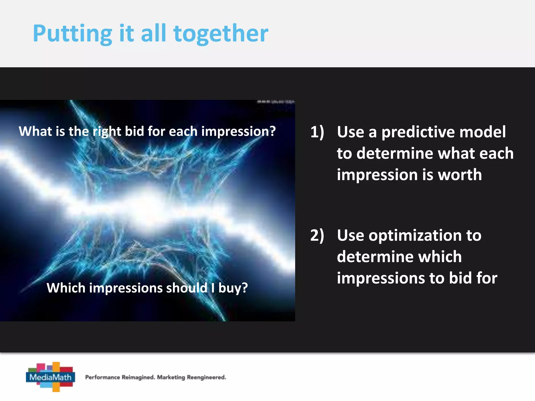 Putting it all together 
1) Use a predictive model 
to determine what each 
impression is worth 
2) Use optimization to 
determine which 
impressions to bid for 
What is the right bid for each impression? 
Which impressions should I buy? 
 