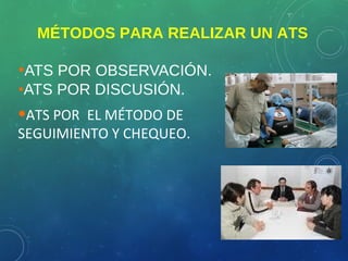 •ATS POR OBSERVACIÓN.
•ATS POR DISCUSIÓN.
•ATS POR EL MÉTODO DE
SEGUIMIENTO Y CHEQUEO.
MÉTODOS PARA REALIZAR UN ATS
 