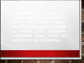 Procedimiento Escrito de
Trabajo Seguro. Contiene el
paso de cada tarea,
identifica los peligros, riesgos
e indica los controles
requeridos para evitar la
ocurrencia de accidentes.
 