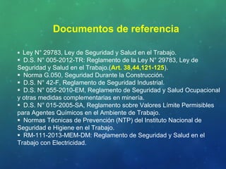 Ley N° 29783, Ley de Seguridad y Salud en el Trabajo.
D.S. N° 005-2012-TR: Reglamento de la Ley N° 29783, Ley de
Seguridad y Salud en el Trabajo.(Art. 38,44,121-125).
Norma G.050, Seguridad Durante la Construcción.
D.S. N° 42-F, Reglamento de Seguridad Industrial.
D.S. N° 055-2010-EM, Reglamento de Seguridad y Salud Ocupacional
y otras medidas complementarias en minería.
D.S. N° 015-2005-SA, Reglamento sobre Valores Límite Permisibles
para Agentes Químicos en el Ambiente de Trabajo.
Normas Técnicas de Prevención (NTP) del Instituto Nacional de
Seguridad e Higiene en el Trabajo.
RM-111-2013-MEM-DM: Reglamento de Seguridad y Salud en el
Trabajo con Electricidad.
Documentos de referencia
 