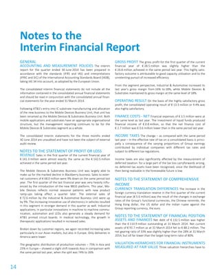 14
GENERAL
ACCOUNTING AND MEASUREMENT POLICIES The interim
report for the quarter ended 30 June 2014 has been prepared in
accordance with the standards (IFRS and IAS) and interpretations
(IFRIC and SIC) of the International Accounting Standards Board (IASB),
taking IAS 34 into account, as adopted by the European Union.
The consolidated interim financial statements do not include all the
information contained in the consolidated annual financial statements
and should be read in conjunction with the consolidated annual finan-
cial statements for the year ended 31 March 2014.
Following AT&S’s entry into IC substrate manufacturing and allocation
of the new business to the Mobile Devices Business Unit, that unit has
been renamed as the Mobile Devices & Substrates Business Unit. Both
mobile applications and substrates have an appropriate organisational
structure, but the management reporting continues to be for the
Mobile Devices & Substrates segment as a whole.
The consolidated interim statements for the three months ended
30 June 2014 are unaudited and have not been the subject of external
audit review.
NOTES TO THE STATEMENT OF PROFIT OR LOSS
REVENUE Sales in the first quarter of the current financial year of
€ 141.3 million were almost exactly the same as the € 142.5 million
achieved in the same period last year.
The Mobile Devices & Substrates Business Unit was largely able to
make up for the marked decline in Blackberry business. Sales to exter-
nal customers of € 68.0 million were 9% down on the same period last
year. The first quarter of the last financial year was very heavily influ-
enced by the introduction of the new BB10 platform. This year, Mo-
bile Devices reflects normal seasonal patterns with new product
ramp-ups taking effect a quarter later. The external sales of
€ 72.6 million by the Industrial & Automotive Business Unit were up
by 9%. The increasing innovative use of electronics in vehicles resulted
in this segment in stronger demand in this quarter as well. Industrial
applications, in particular innovations in machine to machine commu-
nication, automation and LEDs also generate a steady demand for
AT&S printed circuit boards. In medical technology, the growth in
therapeutic applications resulted in increased sales.
Broken down by customer regions, we again recorded increasing sales
particularly in our Asian markets, but also in Europe. Only deliveries in
America were lower.
The geographic distribution of production volumes – 75% in Asia and
25% in Europe – showed a slight shift towards Asia in comparison with
the same period last year, when the split was 74% to 26%.
GROSS PROFIT The gross profit for the first quarter of the current
financial year of € 28.5 million was slightly higher than the
€ 26.8 million achieved in the same period last year. This highly satis-
factory outcome is attributable to good capacity utilisation and to the
unrelenting pursuit of increased efficiency.
From the segment perspective, Industrial & Automotive increased its
last year’s gross margin from 16% to 18%, while Mobile Devices &
Substrates maintained its gross margin at the same level of 18%.
OPERATING RESULT On the basis of the highly satisfactory gross
profit, the consolidated operating result of € 13.3 million or 9.4% was
also highly satisfactory.
FINANCE COSTS - NET Financial expenses of € 3.5 million were at
the same level as last year. The investment of liquid funds produced
financial income of € 0.8 million, so that the net finance cost of
€ 2.7 million was € 0.6 million lower than in the same period last year.
INCOME TAXES The change – as compared with the same period
last year – in the effective rate of tax on a consolidated basis is princi-
pally a consequence of the varying proportions of Group earnings
contributed by individual companies with different tax rates and
subject to different tax regulations.
Income taxes are also significantly affected by the measurement of
deferred taxation: for a large part of the tax loss carryforwards arising,
no deferred tax assets have been recognised, since the likelihood of
their being realisable in the foreseeable future is low.
NOTES TO THE STATEMENT OF COMPREHENSIVE
INCOME
CURRENCY TRANSLATION DIFFERENCES The increase in the
foreign currency translation reserve in the first quarter of the current
financial year (€ 5.6 million) was the result of the changes in exchange
rates of the Group’s functional currencies, the Chinese renminbi, the
Hong Kong dollar, the US dollar and the Indian rupee against the
Group reporting currency, the euro.
NOTES TO THE STATEMENT OF FINANCIAL POSITION
ASSETS AND FINANCES Net debt of € 132.5 million was higher
than the € 110.9 million outstanding at 31 March 2014. Net current
assets of € 91.7 million as at 31 March 2014 fell to € 88.2 million. The
net gearing ratio of 33% was slightly higher than the 28% at 31 March
2014, but sill far lower than the target long-term ratio of 80%.
VALUATION HIERARCHIES FOR FINANCIAL INSTRUMENTS
MEASURED AT FAIR VALUE Three valuation hierarchies have to
Notes to the
Interim Financial Report
 