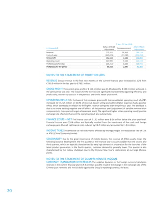 20
1 Apr - 31 Dec 2018
in thousands €
Before IFRS 15
Adjustment
Remeasurement
After IFRS 15
Adjustment
Revenue 775,551 14,563 790,114
Costs of sales (623,029) (11,030) (634,059)
Gross profit 152,522 3,533 156,055
Operating result 117,995 3,533 121,528
Profit/(loss) before tax 115,412 3,533 118,945
Profit/(loss) for the period 89,310 2,946 92,256
NOTES TO THE STATEMENT OF PROFIT OR LOSS
REVENUE Group revenue in the first nine months of the current financial year increased by 3.2% from
€ 765.9 million in the last year to € 790.1 million.
GROSS PROFIT The current gross profit of € 156.1 million was 11.9% above the € 139.5 million achieved in
the same period last year. The reasons for the increase are significant improvements regarding efficiency and
productivity, no start-up costs as in the previous year and a better productmix.
OPERATING RESULT On the basis of the increased gross profit the consolidated operating result of AT&S
increased to € 121.5 million or 15.4% of revenue. Lower selling and administrative expenses had a positive
effect, which decreased in relation to the higher revenue compared with the previous year. The decrease is
due to no more existing negative one-off effects of the previous year (adjustment of variable remuneration
components to the expected target achievement level). The significant higher other operating result (positive
exchange rate effects) influenced the operating result also substantially.
FINANCE COSTS – NET The finance costs of € 13.2 million were € 0.6 million below the prior-year level.
Financial income was € 10.6 million and basically resulted from the investment of free cash and foreign
exchange gains. Overall, net finance costs reduced by € 8.7 million and amounted to € -2.6 million.
INCOME TAXES The effective tax rate was mainly affected by the regaining of the reduced tax rate of 15%
at AT&S (China) Company Limited.
SEASONALITY Due to the great importance of mobile devices, the revenue of AT&S usually shows the
following seasonal development: the first quarter of the financial year is usually weaker than the second and
third quarters, which are typically characterised by very high demand in preparation for the launches of the
latest product generation. In the fourth quarter, customer demand is generally lower. This quarter is also
characterised by the holiday shutdown due to the Chinese New Year’s celebrations at our large Chinese
plants.
NOTES TO THE STATEMENT OF COMPREHENSIVE INCOME
CURRENCY TRANSLATION DIFFERENCES The negative deviation in the foreign currency translation
reserves in the current financial year by € 9.6 million was the result of the change in the exchange rate of the
Chinese yuan renminbi and the US-dollar against the Group’s reporting currency, the euro.
 