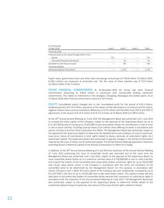 22
€ in thousands
31 Mar 2018 Level 1 Level 2 Level 3 Total
Financial assets
Financial assets at fair value through profit or loss:
– Bonds 775 – – 775
– Derivative financial instruments – 91 – 91
Available-for-sale financial assets – 193 – 193
Financial liabilities
Derivative financial instruments – 1,770 – 1,770
Export loans, government loans and other bank borrowings amounting to € 766.8 million (31 March 2018:
€ 538.1 million) are measured at amortised cost. The fair value of these liabilities was € 771.9 million
(31 March 2018: € 541.7 million).
OTHER FINANCIAL COMMITMENTS At 31 December 2018 the Group had other financial
commitments amounting to € 98.6 million in connection with contractually binding investment
commitments. This relates to investments in the Shanghai, Chongqing, Nanjangud and Leoben plants. As at
31 March 2018 other financial commitments stood at € 19.9 million.
EQUITY Consolidated equity changed due to the consolidated profit for the period of € 92.3 million,
dividend payment of € 13.9 million, payments to the owners of the hybrid bond in an amount of € 8.3 million,
negative impacts from currency translation differences of € 9.6 million and the effect from IFRS 9 and IFRS 15
adjustments in the amount of € 10.4 million from € 711.4 million at 31 March 2018 to € 780.4 million.
At the 20
th
Annual General Meeting on 3 July 2014 the Management Board was authorised until 2 July 2019
to increase the share capital of the Company, subject to the approval of the Supervisory Board, by up to
€ 21,367,500 by way of issuing up to 19,425,000 no-par value bearer shares, for contributions in cash or kind,
in one or more tranches, including issue by means of an indirect share offering via banks in accordance with
section 153 para 6 Austrian Stock Corporation Act (AktG). The Management Board was authorised, subject to
the approval of the Supervisory Board, to determine the detailed terms and conditions of issue (in particular,
issue price, nature of contributions in kind, rights related to shares, exclusion of subscription rights, etc.)
(authorised capital). The Supervisory Board was authorised to approve changes in the Articles of Association
required by the issue of shares out of authorised capital. The Annual General Meeting approved a resolution
amending Section 4 (Nominal Capital) of the Articles of Association to reflect this change.
In addition, at the 20
th
Annual General Meeting of 3 July 2014 the resolution of the Annual General Meeting
of 7 July 2010 authorising the issue of convertible bonds was rescinded and at the same time the
Management Board was authorised until 2 July 2019, subject to the approval of the Supervisory Board, to
issue convertible bearer bonds up to a maximum nominal value of € 150,000,000 in one or more tranches,
and to grant the holders of the convertible bond subscription and/or conversion rights for up to 19,425,000
new no-par value bearer shares in the Company in accordance with the terms and conditions of the
convertible bond to be determined by the Management Board. For this purpose, in accordance with
section 159 para 2 item 1 AktG, the share capital of the Company was also conditionally increased by up to
€ 21,367,500 in the form of up to 19,425,000 new no-par value bearer shares. This capital increase will only
take place to the extent that holders of convertible bonds exercise their conversion or subscription rights in
accordance with the resolution of the Annual General Meeting of 3 July 2014. The Management Board was
also authorised, subject to the approval of the Supervisory Board, to determine further details of the
conditional capital increase (in particular, the amount of the issue and the rights related to shares).
 