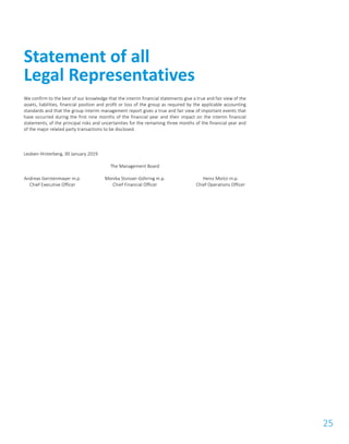 25
We confirm to the best of our knowledge that the interim financial statements give a true and fair view of the
assets, liabilities, financial position and profit or loss of the group as required by the applicable accounting
standards and that the group interim management report gives a true and fair view of important events that
have occurred during the first nine months of the financial year and their impact on the interim financial
statements, of the principal risks and uncertainties for the remaining three months of the financial year and
of the major related party transactions to be disclosed.
Leoben-Hinterberg, 30 January 2019
The Management Board
Andreas Gerstenmayer m.p.
Chief Executive Officer
Monika Stoisser-Göhring m.p.
Chief Financial Officer
Heinz Moitzi m.p.
Chief Operations Officer
Statement of all
Legal Representatives
 