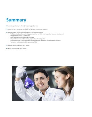  Successful positioning in the high-frequency product area
 One of the top 3 companies worldwide for high-end interconnect solutions
 Revenue growth and excellent profitability in the first nine months
- Well diversified product, technology and customer portfolio ensures positive business development
- Very good demand for IC substrates
- Good development in Medical & Healthcare
- Weaker demand for mobile devices, especially in the last quarter
- Supply constraints in key components are slowing down demand in Automotive and Industrial
- Temporary reduced demand for automotive PCBs
 Revenue slightly grows to € 790.1 million
 EBITDA increases to € 220.5 million
Summary
 