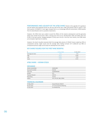 06
PERFORMANCE AND LIQUIDITY OF THE AT&S SHARE Thanks to the upgrade of its guidance
and the better-than-expected results for the first half of the year, AT&S had positive news to report in the
third quarter of 2018/19. It once again showed that in an increasingly difficult environment, AT&S benefits
from its diversification and its successful investments.
However, the AT&S share was unable to avoid the effects of the industry development and the generally
weak stock market environment. With a closing price of € 15.4 on 28 December 2018, the AT&S share lost
22.6% in the past quarter. Ranging between € 14.62 and € 24.10 in the first nine months, the AT&S share
price showed a high level of volatility.
However, the share’s liquidity improved. Both the average daily volume of 139,827 shares traded (up 35% on
comparative period; single count) and the average daily trading turnover of € 2,666,524 (up 58% on
comparative period; single count) show this development very clearly.
KEY SHARE FIGURES FOR THE FIRST NINE MONTHS
€ 31 Dec 2018 31 Dec 2017
Earnings per share 2.21 1.21
High 24.10 24.99
Low 14.62 9.16
Close 15.40 23.54
AT&S SHARE – VIENNA STOCK
EXCHANGE
Shares outstanding 38,850,000
Security ID number 922230
ISIN-Code AT0000969985
Symbol ATS
Thomson Reuters ATSV.VI
Bloomberg ATS:AV
Indices ATX, ATX GP, WBI, VÖNIX
FINANCIAL CALENDAR
07 May 2019 Annual Results 2018/19
04 July 2019 25th
Annual General Meeting
23 July 2019 Ex-Dividend Day
 