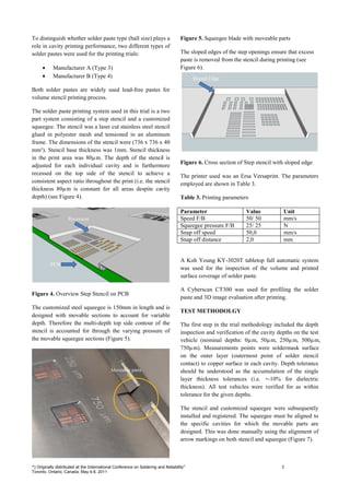 To distinguish whether solder paste type (ball size) plays a                        Figure 5. Squeegee blade with moveable parts
role in cavity printing performance, two different types of
solder pastes were used for the printing trials:                                    The sloped edges of the step openings ensure that excess
                                                                                    paste is removed from the stencil during printing (see
      •     Manufacturer A (Type 3)                                                 Figure 6).
      •     Manufacturer B (Type 4)

Both solder pastes are widely used lead-free pastes for
volume stencil printing process.

The solder paste printing system used in this trial is a two
part system consisting of a step stencil and a customized
squeegee. The stencil was a laser cut stainless steel stencil
glued in polyester mesh and tensioned in an aluminum
frame. The dimensions of the stencil were (736 x 736 x 40
mm³). Stencil base thickness was 1mm. Stencil thickness
in the print area was 80µm. The depth of the stencil is
                                                                                    Figure 6. Cross section of Step stencil with sloped edge
adjusted for each individual cavity and is furthermore
recessed on the top side of the stencil to achieve a                                The printer used was an Ersa Versaprint. The parameters
consistent aspect ratio throughout the print (i.e. the stencil                      employed are shown in Table 3.
thickness 80µm is constant for all areas despite cavity
depth) (see Figure 4).                                                              Table 3. Printing parameters

                                                                                    Parameter                   Value           Unit
                                                                                    Speed F/B                   50/ 50          mm/s
                                                                                    Squeegee pressure F/B       25/ 25          N
                                                                                    Snap off speed              50,0            mm/s
                                                                                    Snap off distance           2,0             mm


                                                                                    A Koh Young KY-3020T tabletop full automatic system
                                                                                    was used for the inspection of the volume and printed
                                                                                    surface coverage of solder paste.

                                                                                    A Cyberscan CT300 was used for profiling the solder
Figure 4. Overview Step Stencil on PCB
                                                                                    paste and 3D image evaluation after printing.
The customized steel squeegee is 150mm in length and is
                                                                                    TEST METHODOLGY
designed with movable sections to account for variable
depth. Therefore the multi-depth top side contour of the                            The first step in the trial methodology included the depth
stencil is accounted for through the varying pressure of                            inspection and verification of the cavity depths on the test
the movable squeegee sections (Figure 5).                                           vehicle (nominal depths: 0µm, 50µm, 250µm, 500µm,
                                                                                    750µm). Measurements points were soldermask surface
                                                                                    on the outer layer (outermost point of solder stencil
                                                                                    contact) to copper surface in each cavity. Depth tolerance
                                                                                    should be understood as the accumulation of the single
                                                                                    layer thickness tolerances (i.e. +-10% for dielectric
                                                                                    thickness). All test vehicles were verified for as within
                                                                                    tolerance for the given depths.

                                                                                    The stencil and customized squeegee were subsequently
                                                                                    installed and registered. The squeegee must be aligned to
                                                                                    the specific cavities for which the movable parts are
                                                                                    designed. This was done manually using the alignment of
                                                                                    arrow markings on both stencil and squeegee (Figure 7).



*) Originally distributed at the International Conference on Soldering and Reliability”                                         3
Toronto, Ontario, Canada; May 4-6, 2011
 