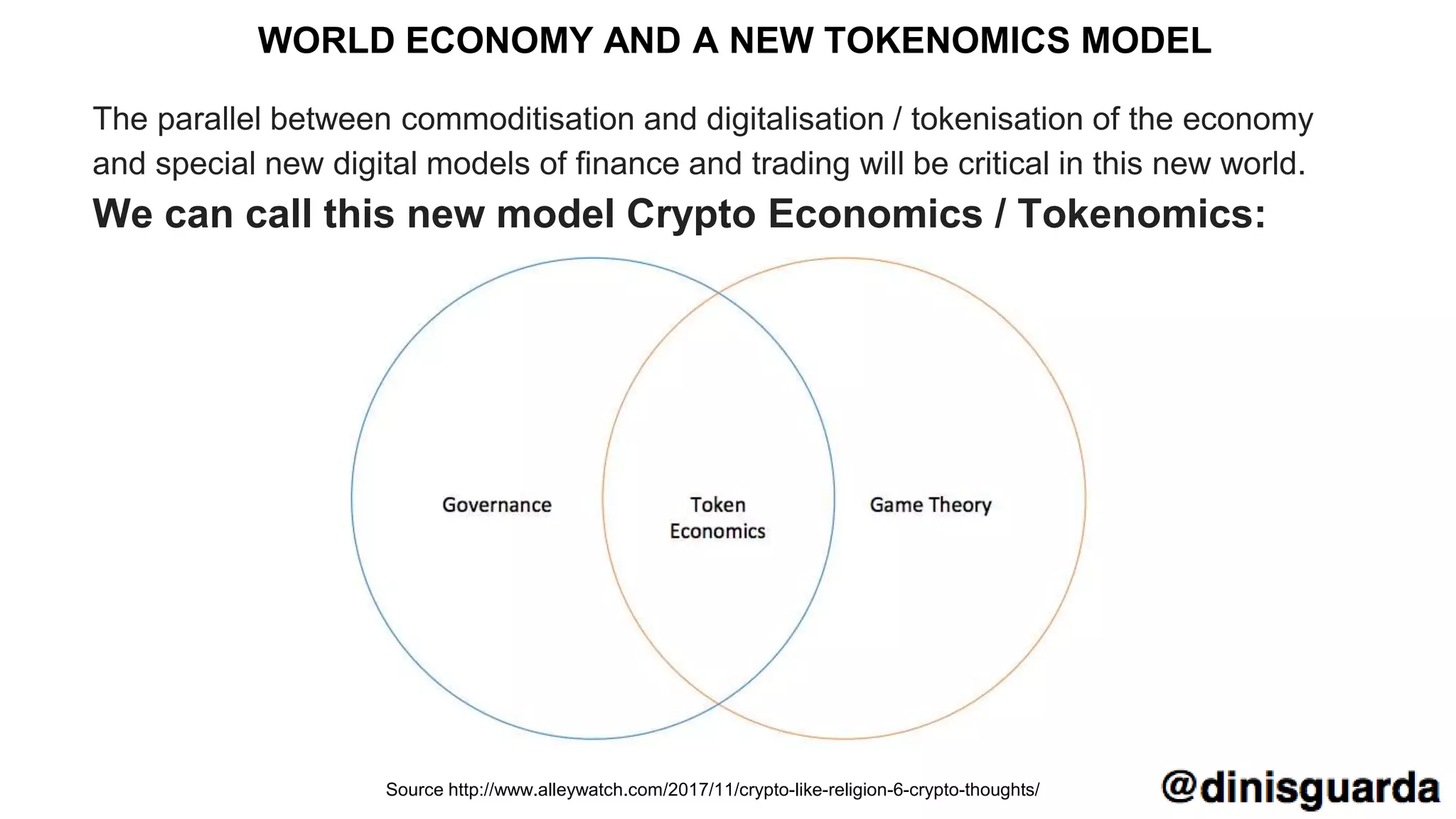 The parallel between commoditisation and digitalisation / tokenisation of the economy
and special new digital models of finance and trading will be critical in this new world.
We can call this new model Crypto Economics / Tokenomics:
WORLD ECONOMY AND A NEW TOKENOMICS MODEL
Source http://www.alleywatch.com/2017/11/crypto-like-religion-6-crypto-thoughts/
 