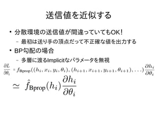 Nextremer Co., LTD. Confidential DocumentNextremer Co., LTD. Confidential Document
送信値を近似する

分散環境の送信値が間違っていてもOK！
 最初は送り手の頂点だって不正確な値を出力する

BP勾配の場合
 多層に渡るImplicitなパラメータを無視
 