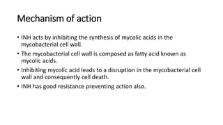Mechanism of action
• INH acts by inhibiting the synthesis of mycolic acids in the
mycobacterial cell wall.
• The mycobacterial cell wall is composed as fatty acid known as
mycolic acids.
• Inhibiting mycolic acid leads to a disruption in the mycobacterial cell
wall and consequently cell death.
• INH has good resistance preventing action also.
 