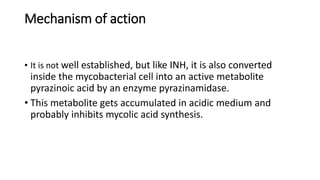 Mechanism of action
• It is not well established, but like INH, it is also converted
inside the mycobacterial cell into an active metabolite
pyrazinoic acid by an enzyme pyrazinamidase.
• This metabolite gets accumulated in acidic medium and
probably inhibits mycolic acid synthesis.
 